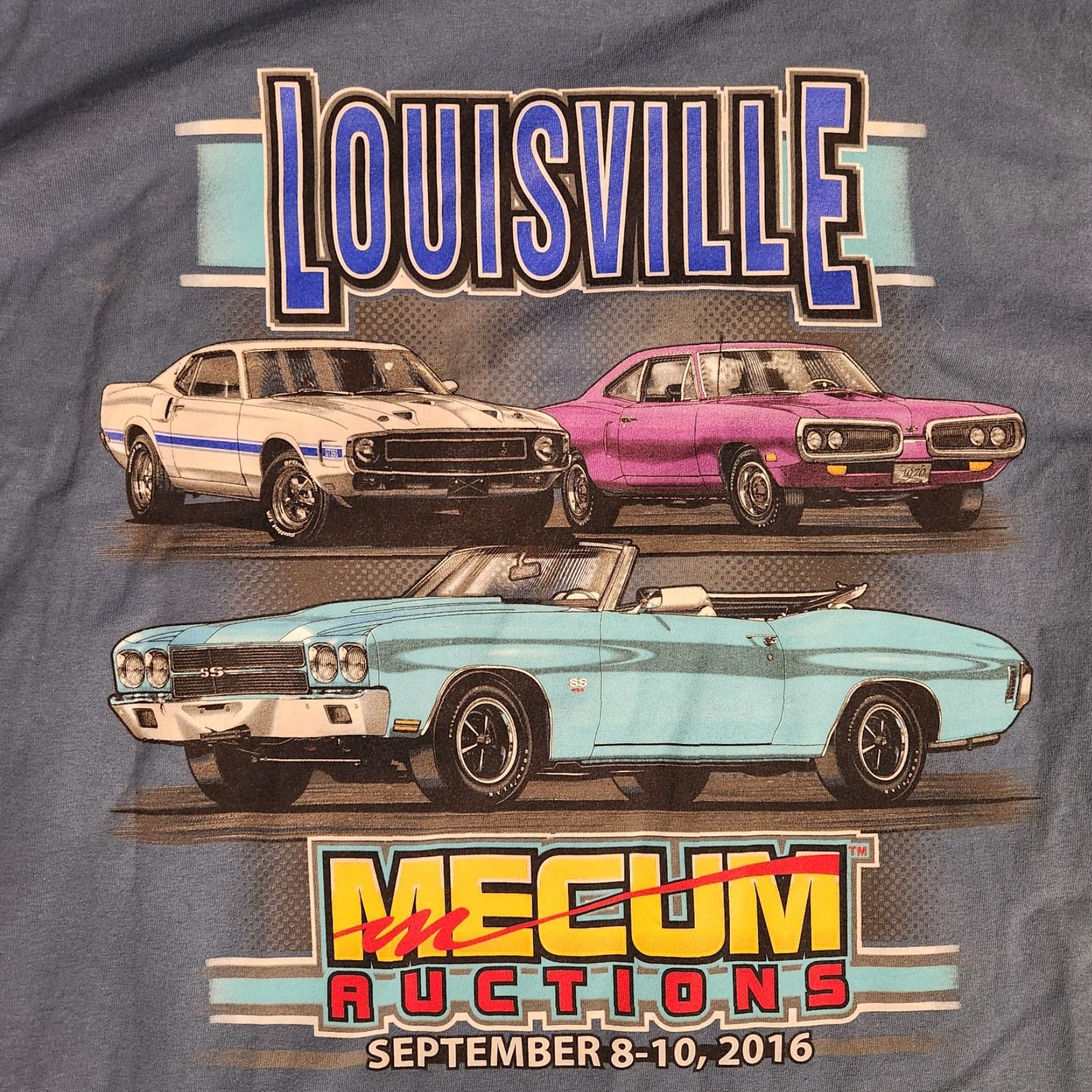 Hanes Mecum Auctions T Shirt Tee Size XL Louisville KY Auto Muscle Car Racing Blue Men's T-Shirt Graphic Print Hanes XL Blue Cars 90% Cotton 10% Polyester Size US XL / EU 56 / 4 - 2 Thumbnail