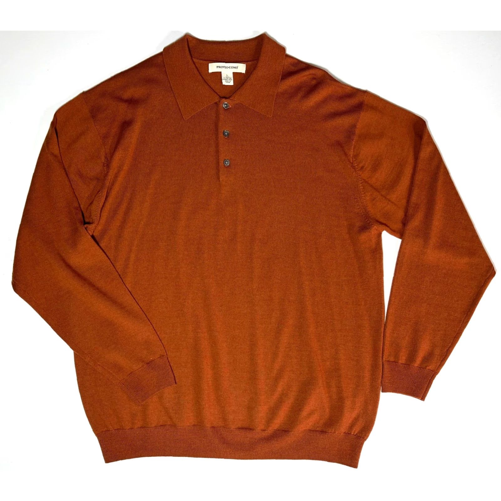 Pronto Uomo Pronto Uomo Men’s Collared Sweater Shirt Knit Merino Wool Burnt Orange L Deluxe Quality Pullover Size US L / EU 52-54 / 3 - 3 Thumbnail