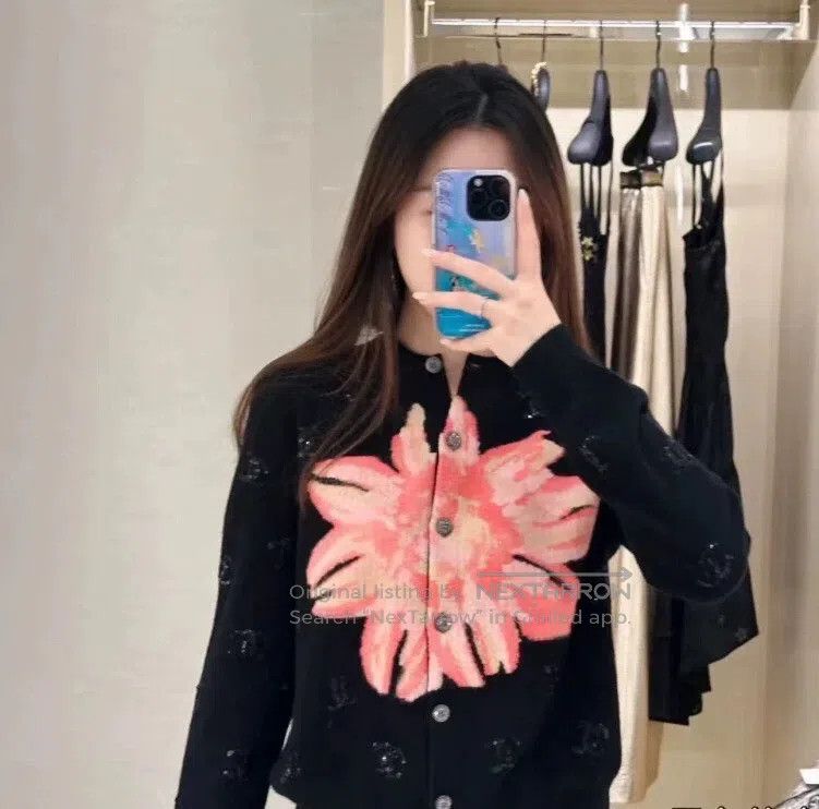 Chanel Chanel Black floral print cashmere single-breasted long-sl Size XXS / US 00 / IT 34 - 9 Thumbnail