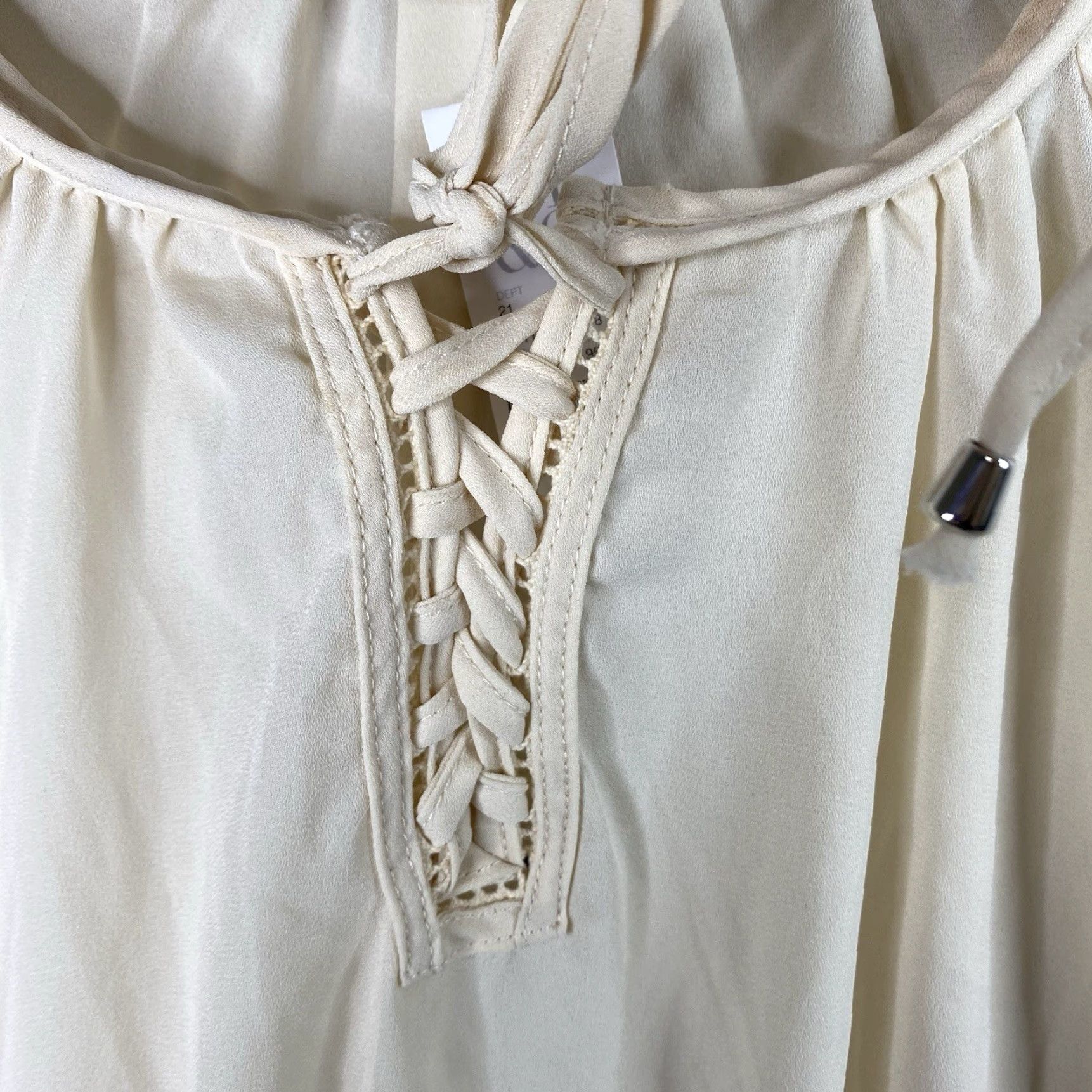 Vintage VINTAGE New York & Company Top Womens XS Cream Sheer Cold Shoulder Hi Low Lace Up NWT Size XS / US 0-2 / IT 36-38 - 3 Thumbnail