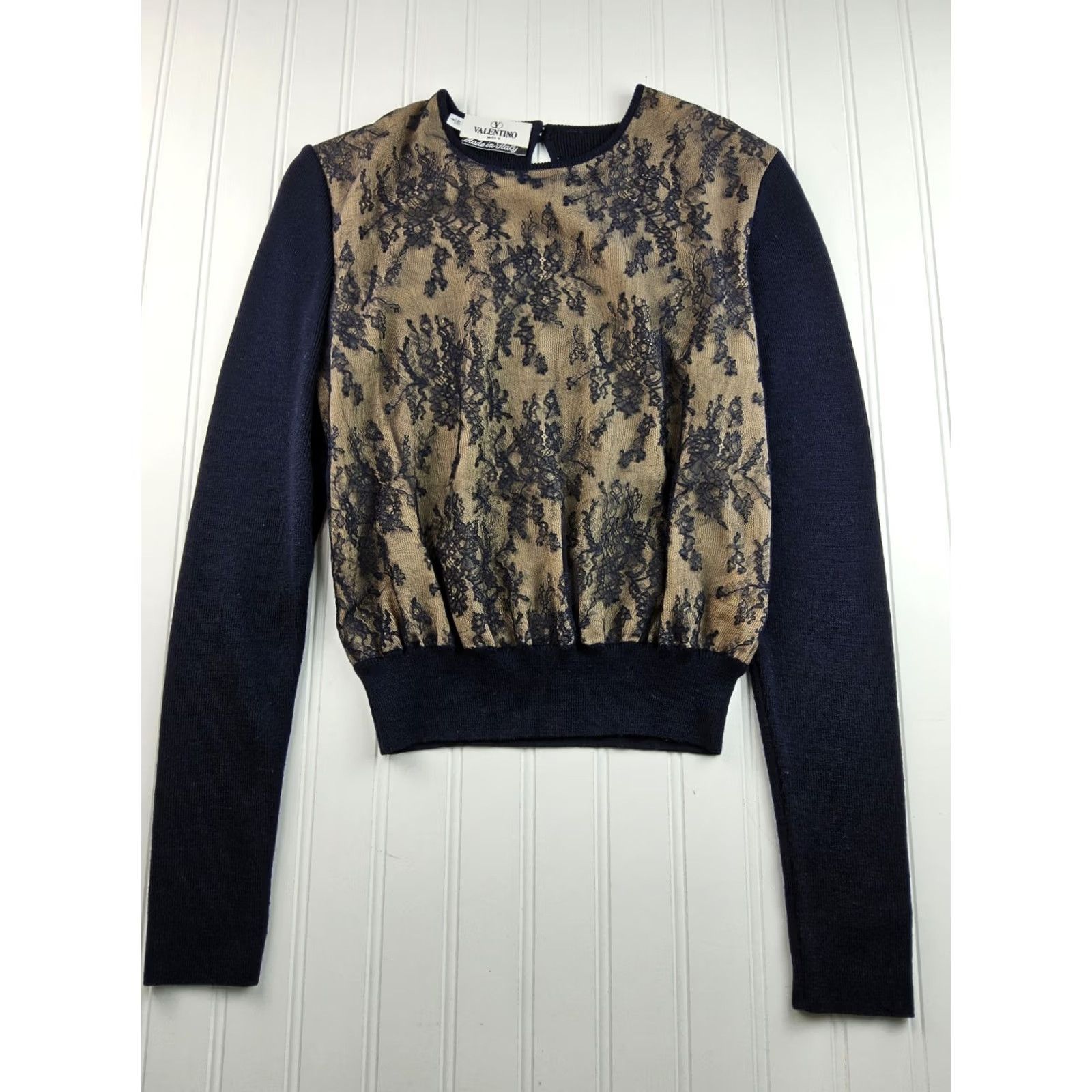 Valentino Valentino Miss V Lace Overlay Sweater Navy Size 6/40 Regular Women Pullover Lace 34" Chest 20" Length Size M / US 6-8 / IT 42-44 - 2 Thumbnail