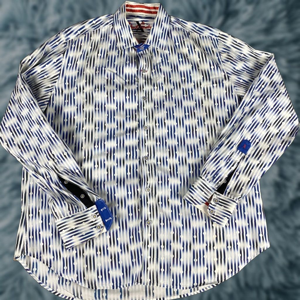 Robert Graham VINTAGE Robert Graham X Mens Dress Shirt Button Down Sz L Blue & White Stripes Circles Shirt Mens Large Blue White Striped Circles Size 42R - 1 Thumbnail