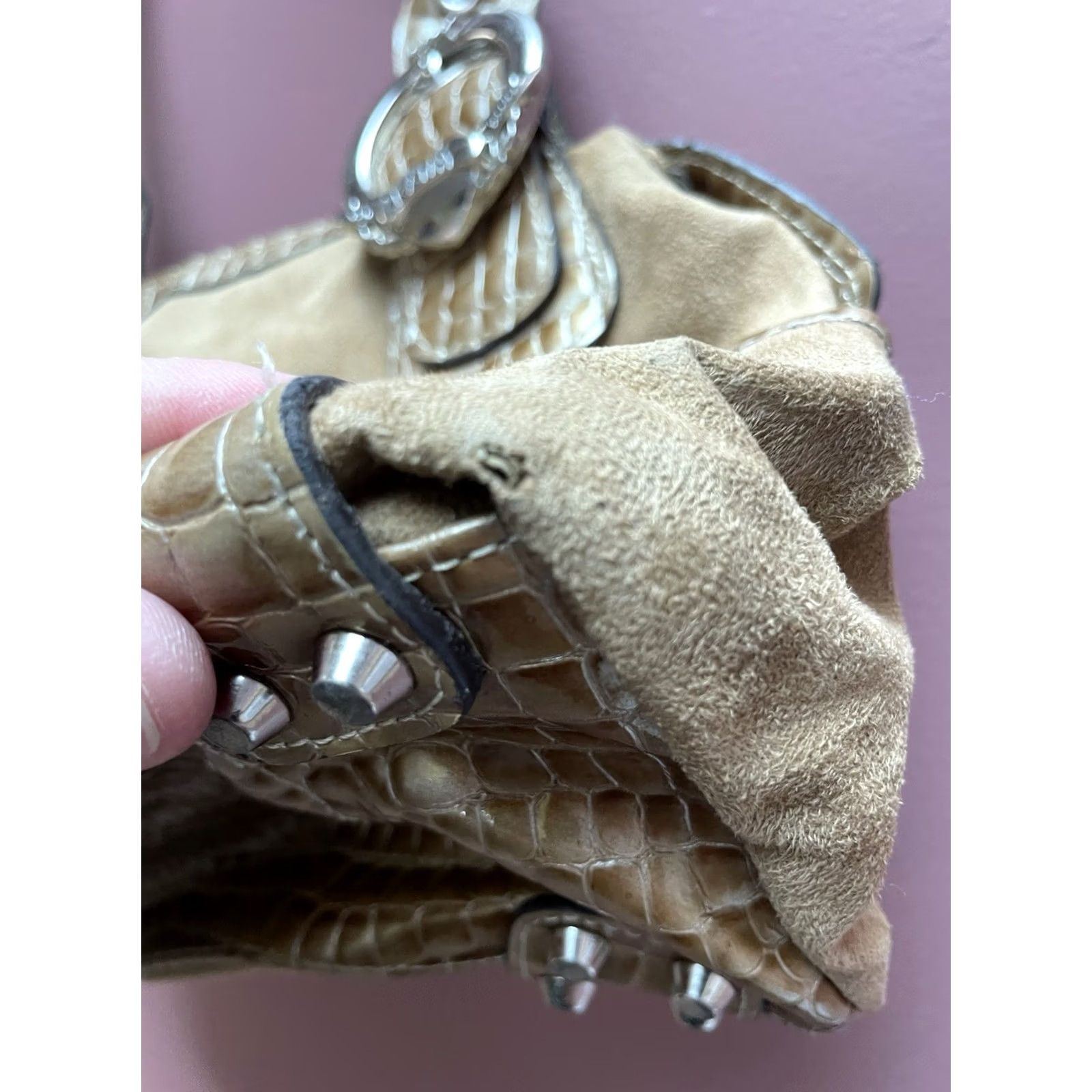 Vintage Kathy Van Zeeland Beige Faux Suede Croc Embossed Satchel Handbag Y2K Buckle Purse Shoulder Bag Size ONE SIZE - 7 Thumbnail