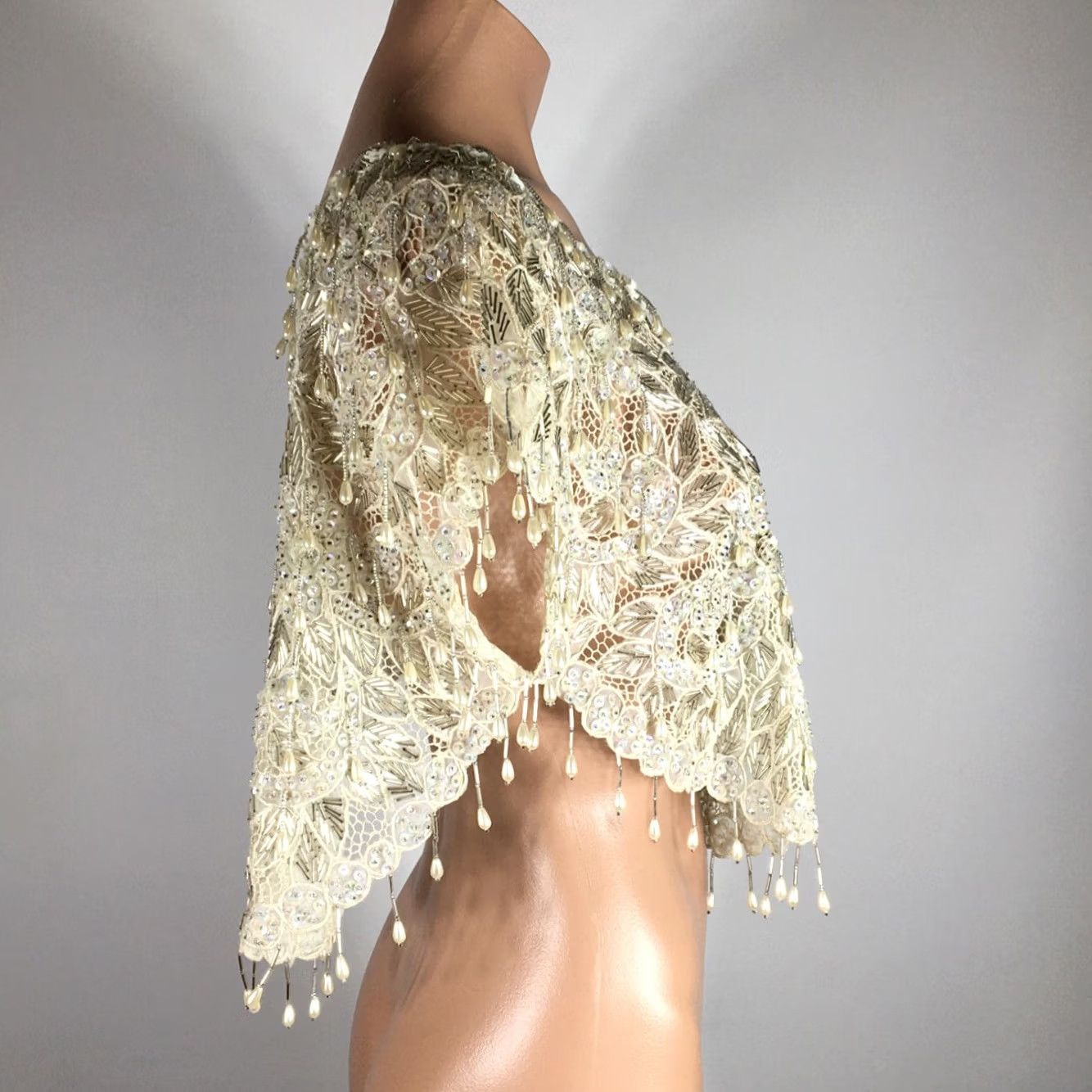Vintage VINTAGE Shawl Bridal Sequin Glass Pearl Fringe Beaded Wedding Ivory Women Size ONE SIZE - 4 Thumbnail