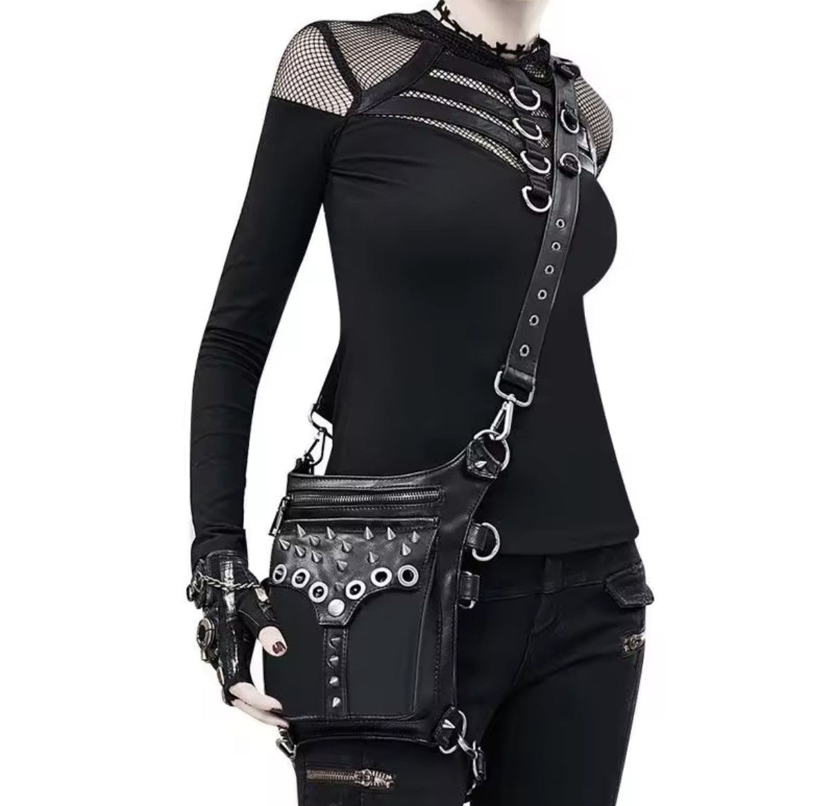 Leather Gothic Punk PU Leather Motorcycle Messenger Bag Size ONE SIZE - 2 Thumbnail