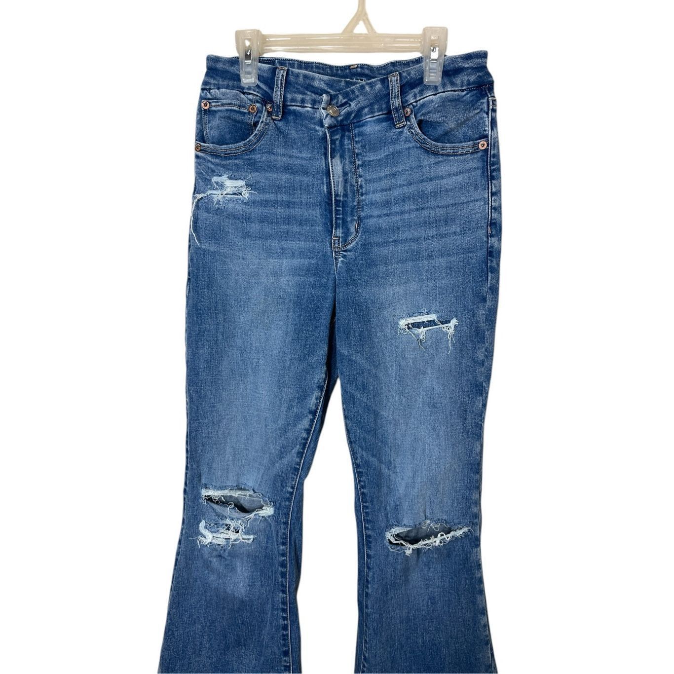 American Eagle Outfitters American Eagle Curvy Super High Rise Flare Distressed Jeans Size 28" / US 6 / IT 42 - 2 Thumbnail