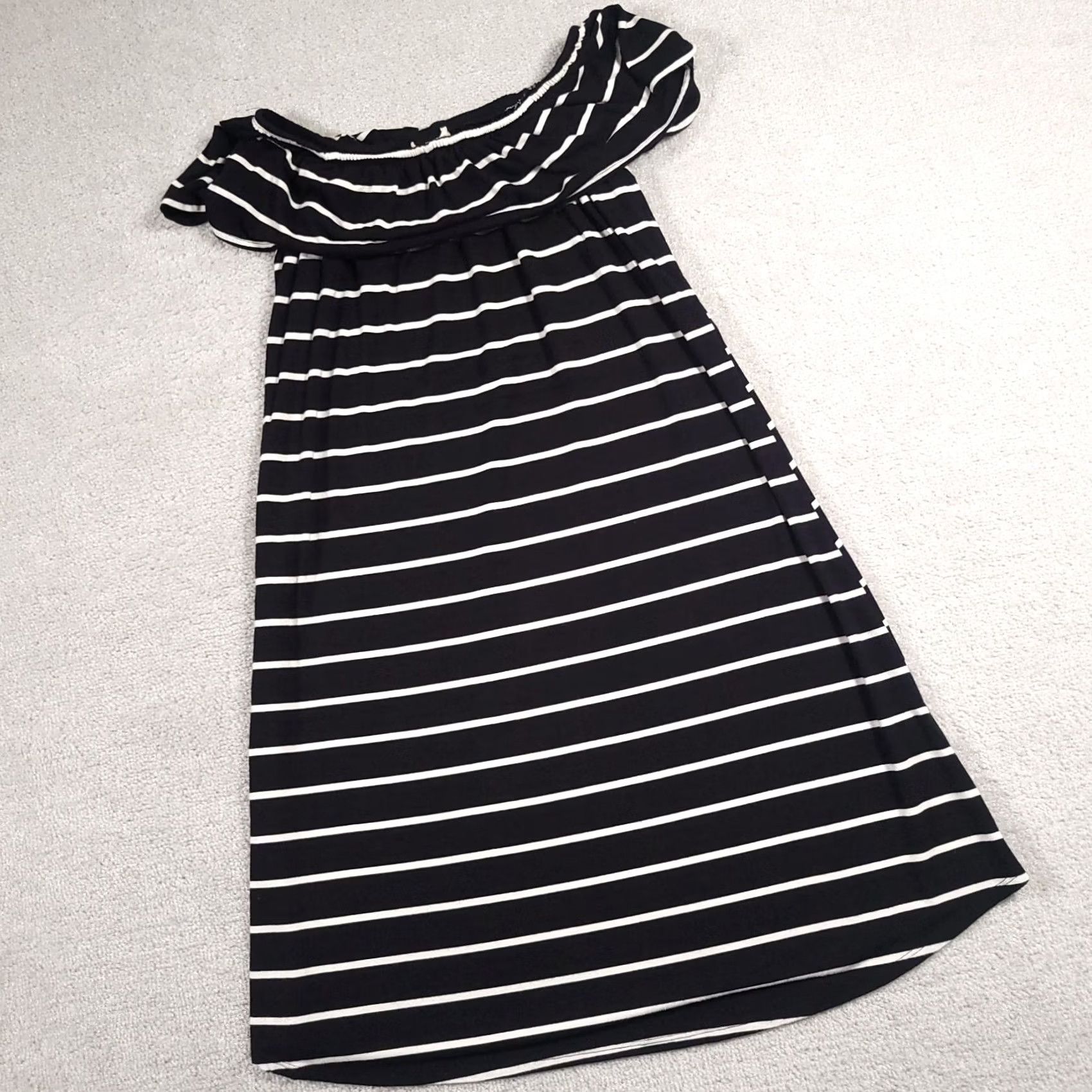 Vintage Cupio Dress Women's Medium Black White Stripe Sleeveless Ruffle Shoulder Short Size 32" / US 10 / IT 46 - 2 Thumbnail