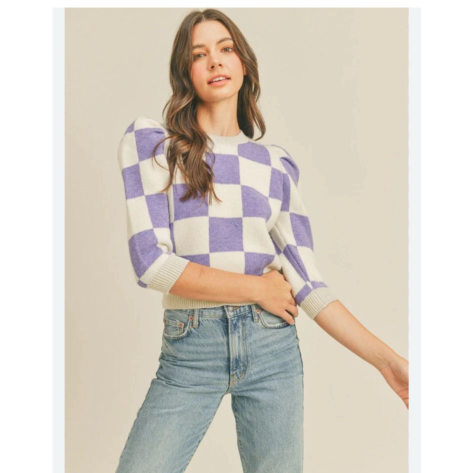 Other &Merci Women’s Purple Checkered Puff Sleeved Sweater Sz L Size L / US 10 / IT 46 - 1 Thumbnail
