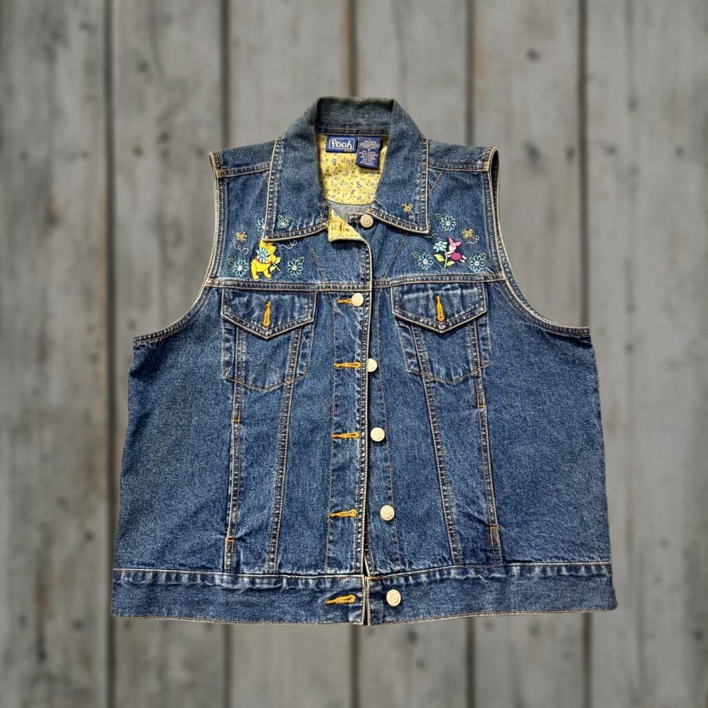 Vintage Winnie the Pooh Vest Women's L 100% Cotton Button Up Embroidered Blue Vest Overcoat Women Blue Winnie the Pooh 100% Cotton Shirt? Size L / US 10 / IT 46 - 1 Thumbnail