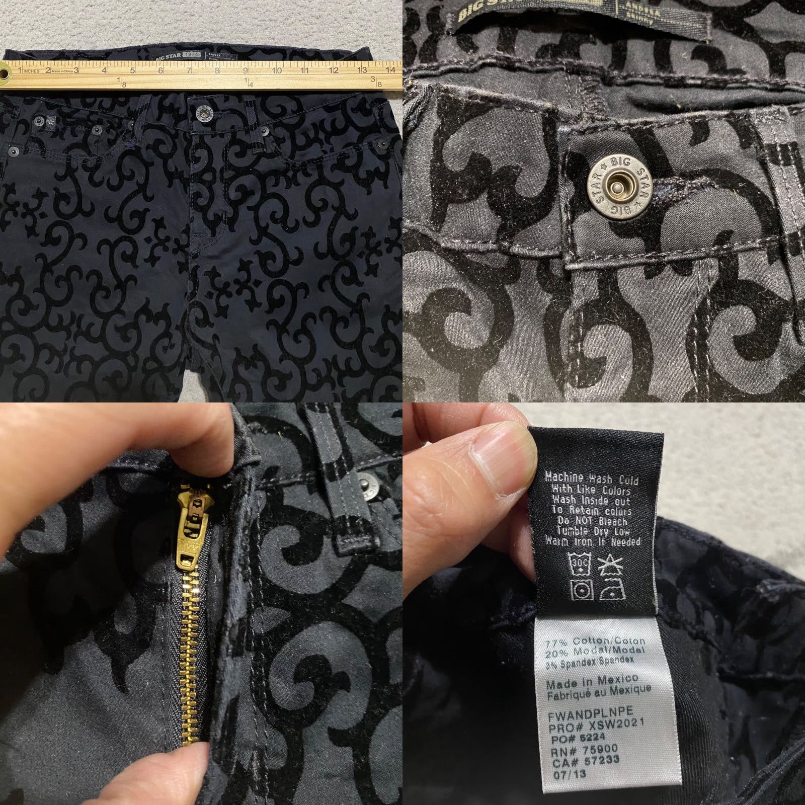 Velvet BIG STAR Jeans 26 Black Geometric Velvet Burnout Andrea Skinny Mid Rise Womens Shirt Size 26" / US 2 / IT 38 - 8 Thumbnail
