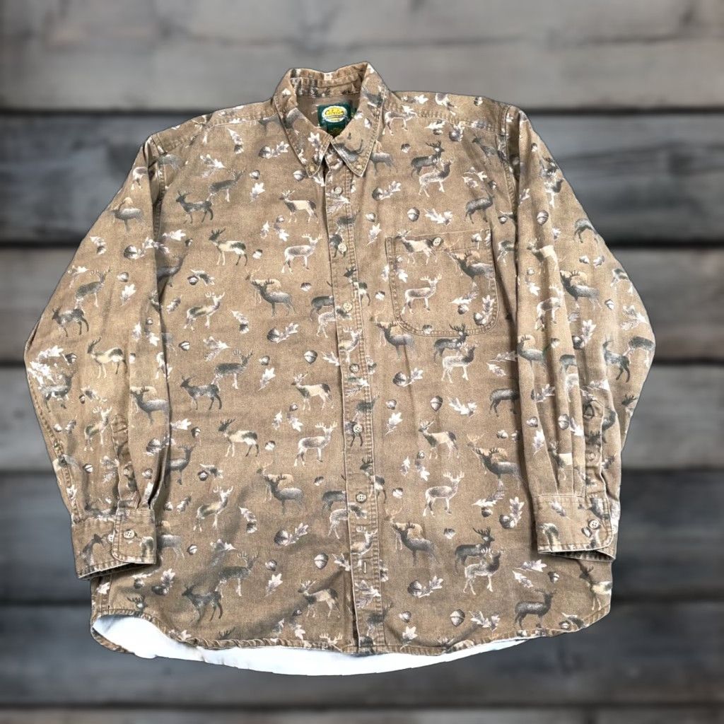 Vintage Cabela's Deer Print Button-Up Shirt Adult XL Tall Brown Long Sleeve Outdoor Nature Mens Size US XL / EU 56 / 4 - 1 Thumbnail