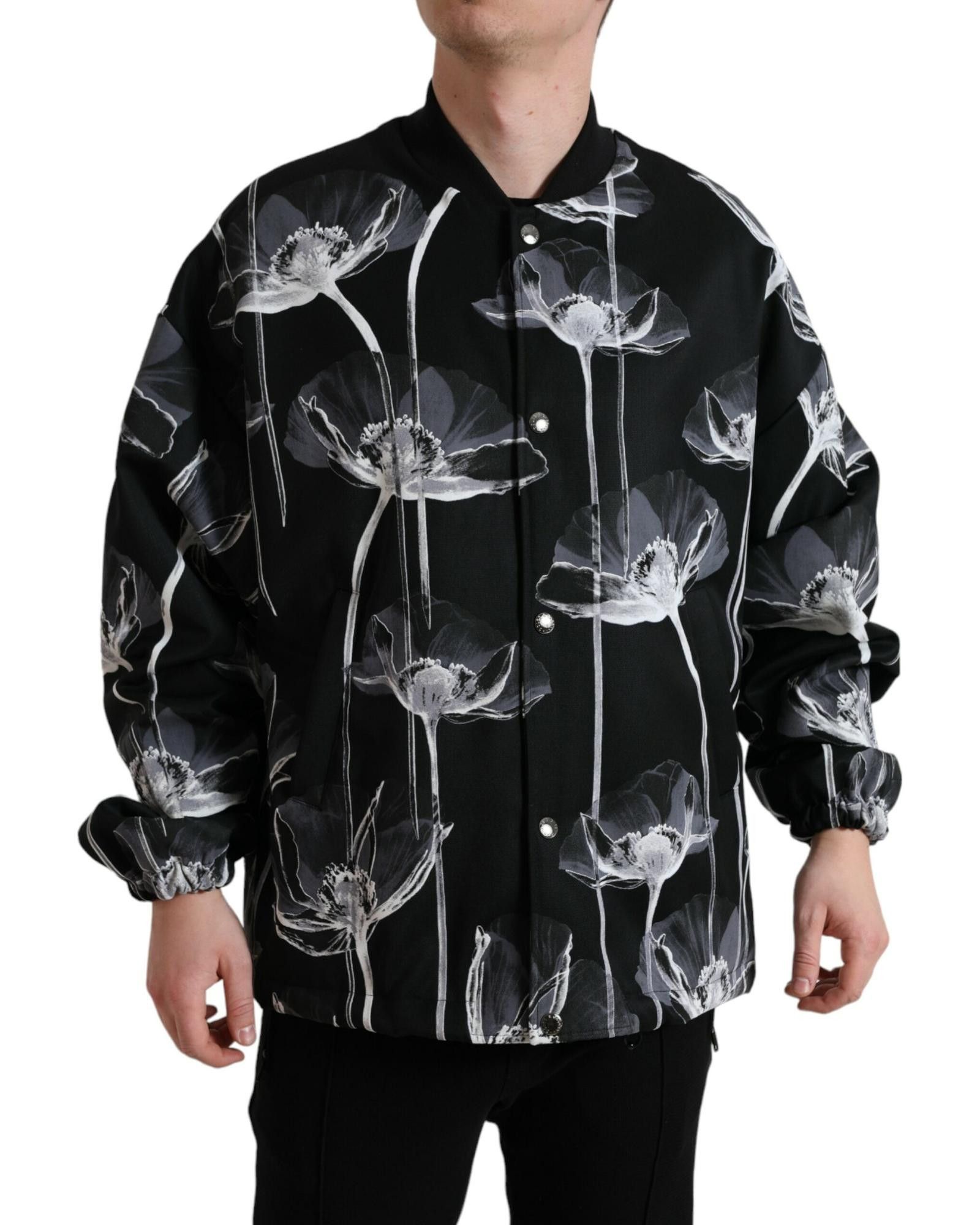 image of Dolce Gabbana Floral Print Wool Button Down Bomber Jacket in Black, Men's (Size XL)