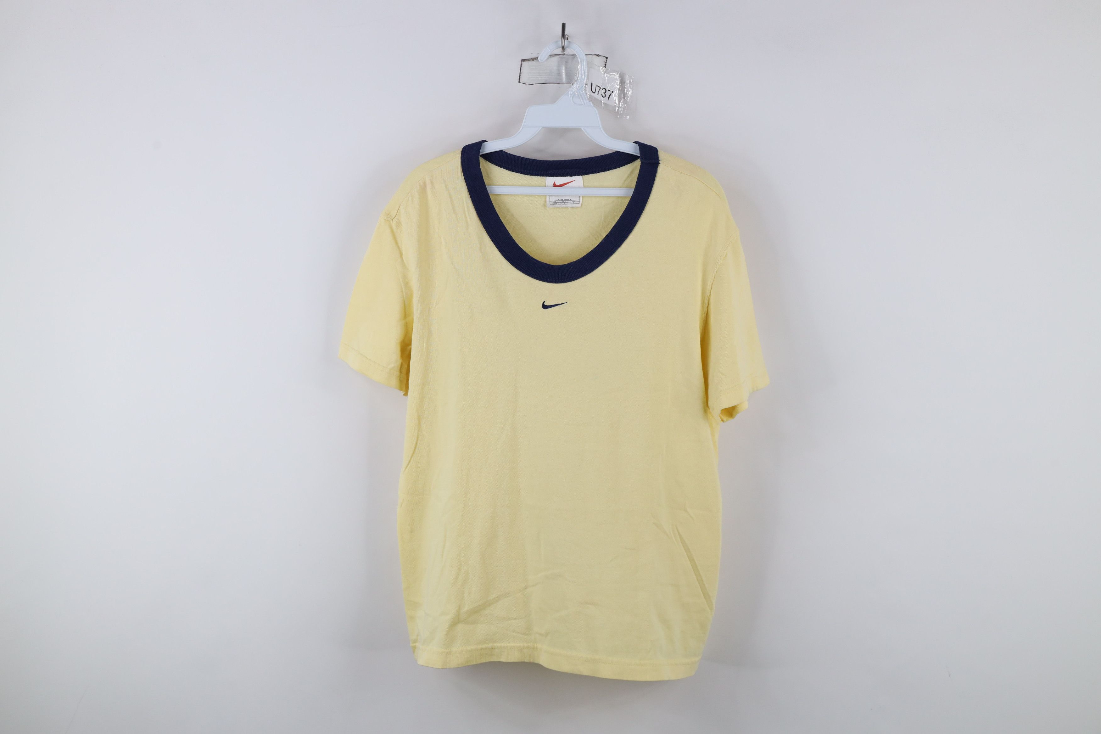 Nike × Vintage Vintage 90s Nike Scott Center Swoosh T-Shirt Yellow USA Size L / US 10 / IT 46 - 1 Thumbnail