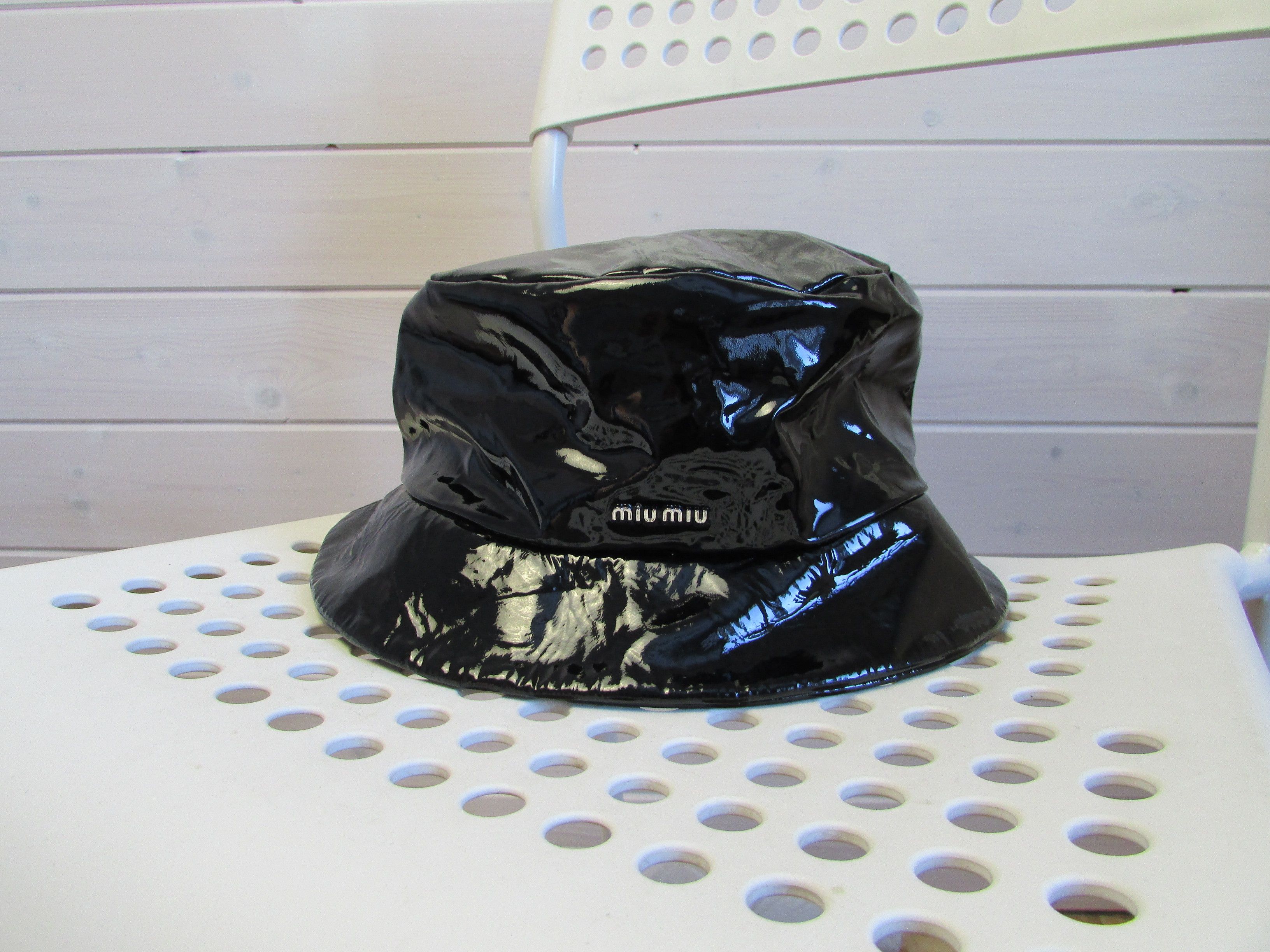 image of Miu Miu Patent Leather Black Bucket Hat, Women's