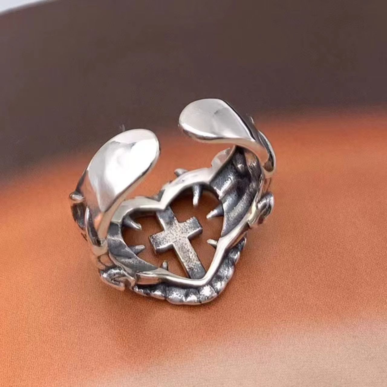 Jewelry Gothic Death Cross Heart Ring Size ONE SIZE - 2 Thumbnail
