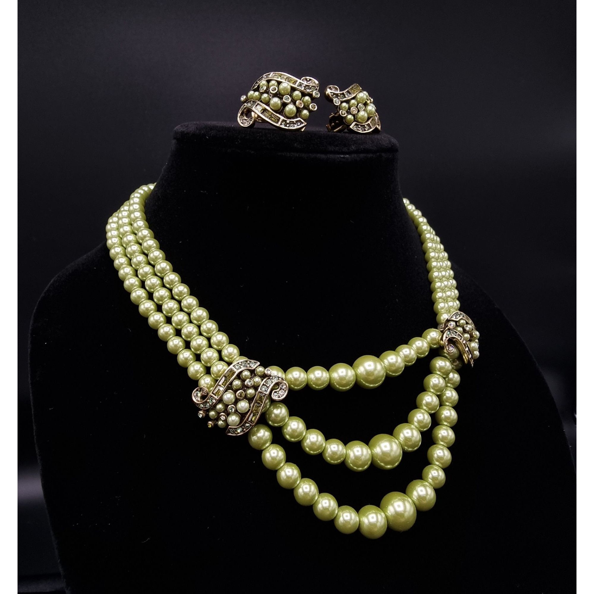 Vintage Heidi Daus Green Pearl Necklace & Clip-On Earrings Set Size ONE SIZE - 2 Thumbnail