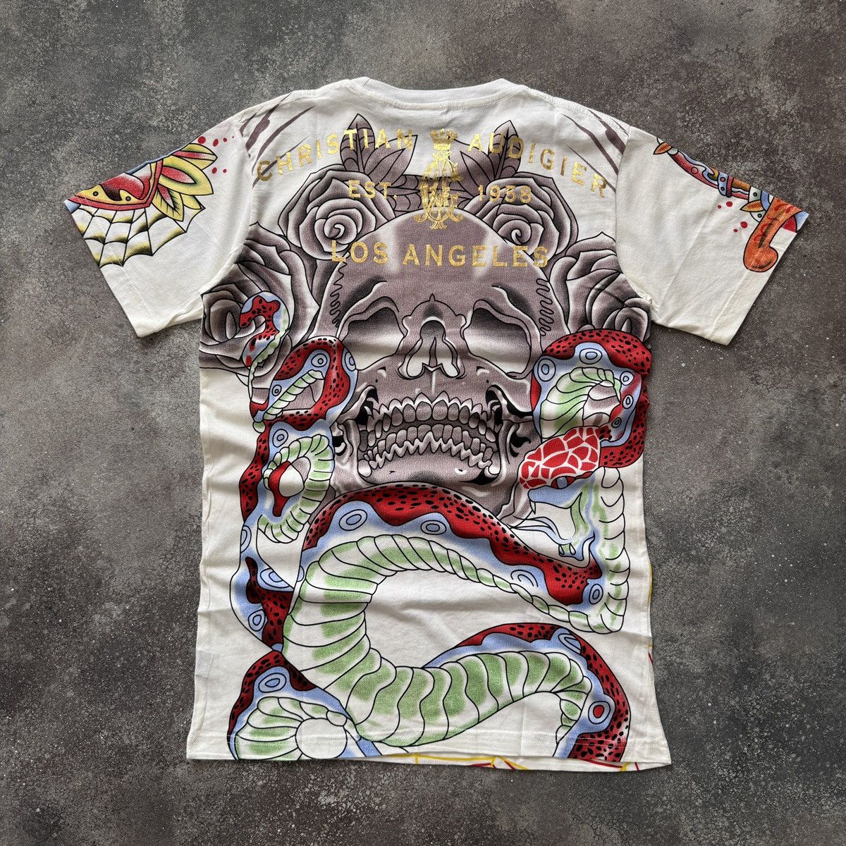 Christian Audigier Christian Audigier (Ed Hardy) Y2K Rhinestones Skulls T-Shirt Size US XL / EU 56 / 4 - 2 Thumbnail