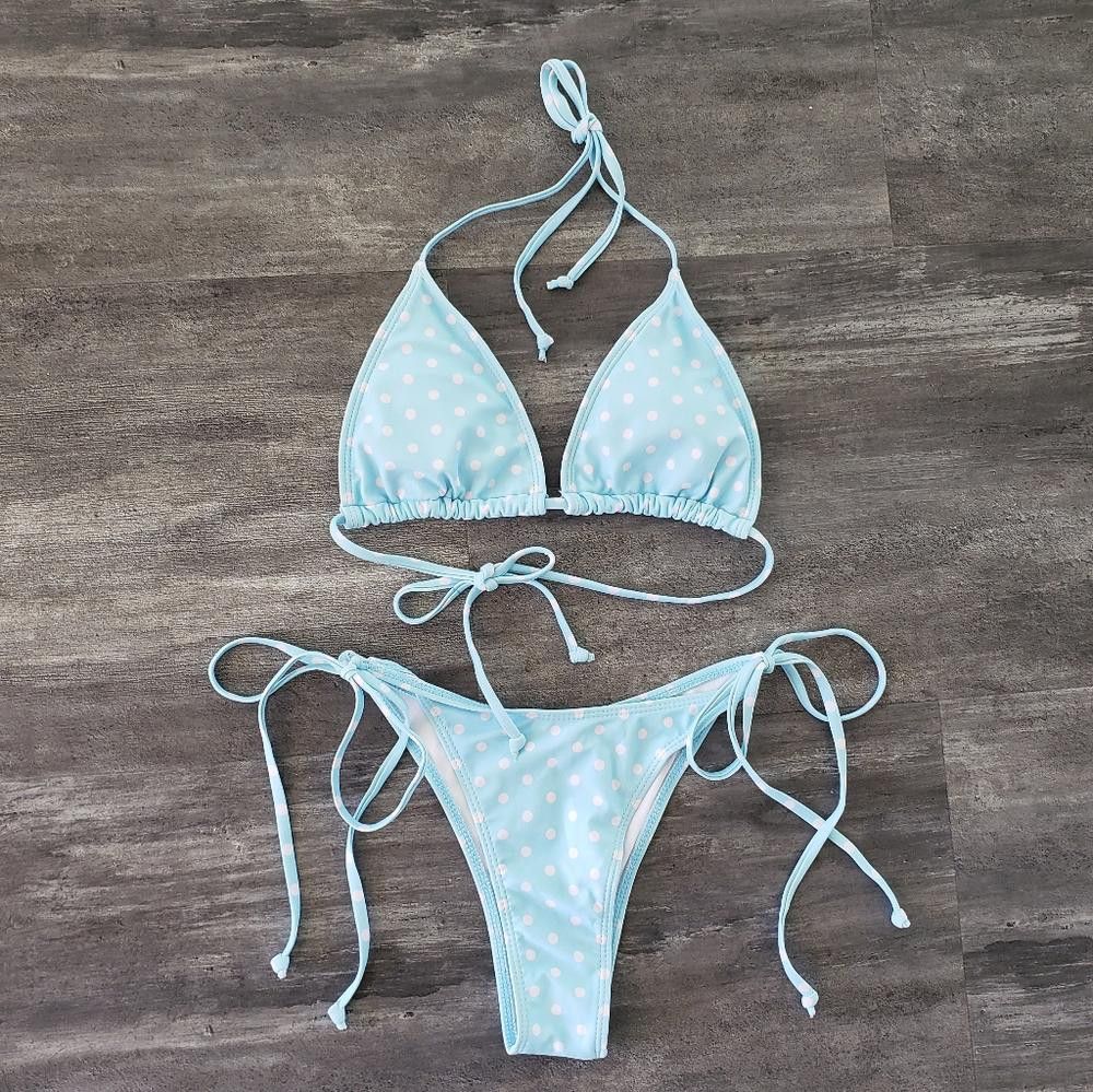 Designer Light Blue Pink Polka Dot Zaful Bikini Set Size ONE SIZE - 1 Thumbnail