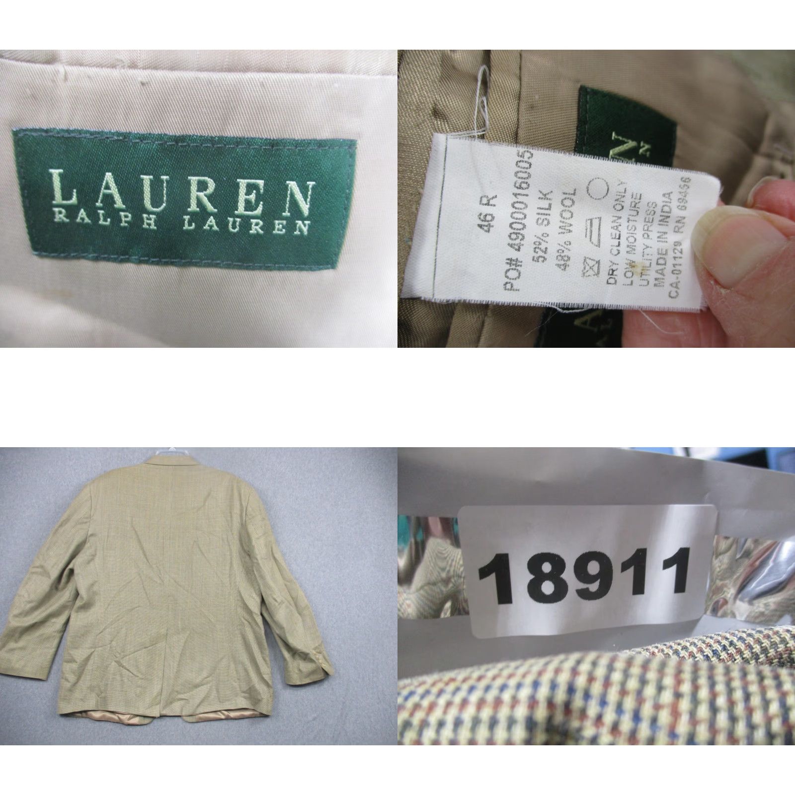 Ralph Lauren Lauren Ralph Lauren Blazer Mens 46R Beige Silk Wool Check Sport Coat Jacket Size 46R - 8 Thumbnail