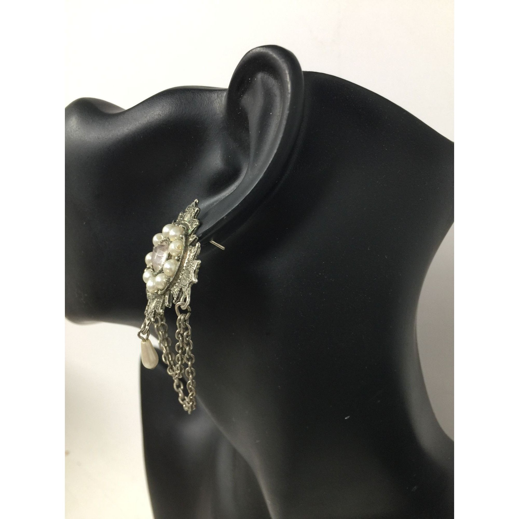 Other Vintage Silver Tone Faux Pearl & Rhinestone Chain Statement Size ONE SIZE - 6 Thumbnail