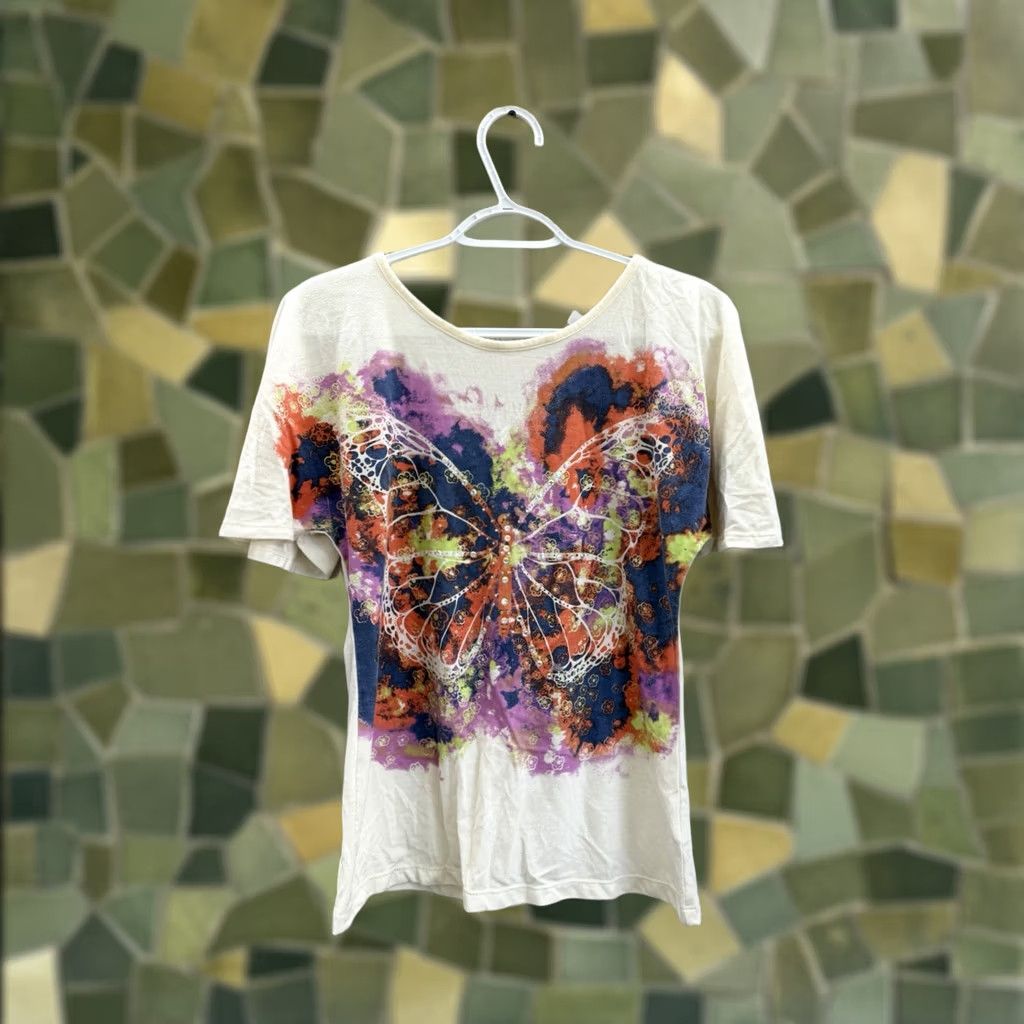 Vintage D-Signed Shirt Junior's Large Cream Butterfly Gem Embellished Short Sleeve Y2K Size L / US 10 / IT 46 - 1 Thumbnail