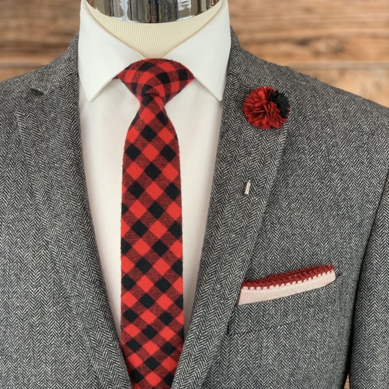 Other Men's Red/Black Buffalo Plaid Necktie Size ONE SIZE - 2 Thumbnail
