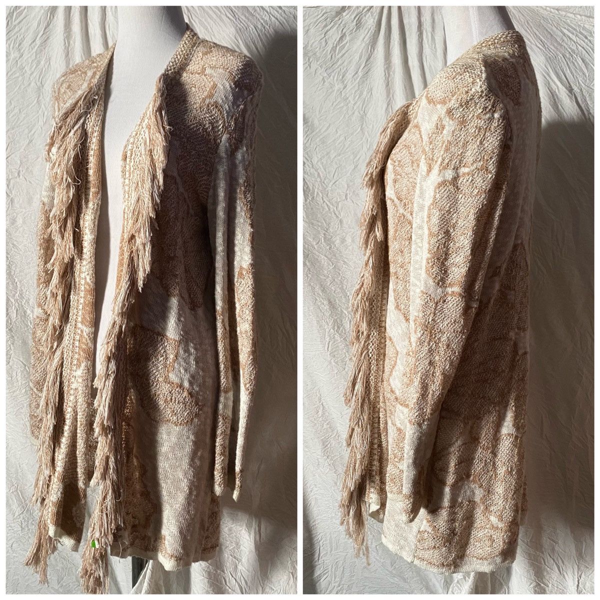 NIC+ZOE NICE + ZOE, Beige/Cream, Floral/Fringed, Open Knit Cardigan Size L / US 10 / IT 46 - 4 Thumbnail