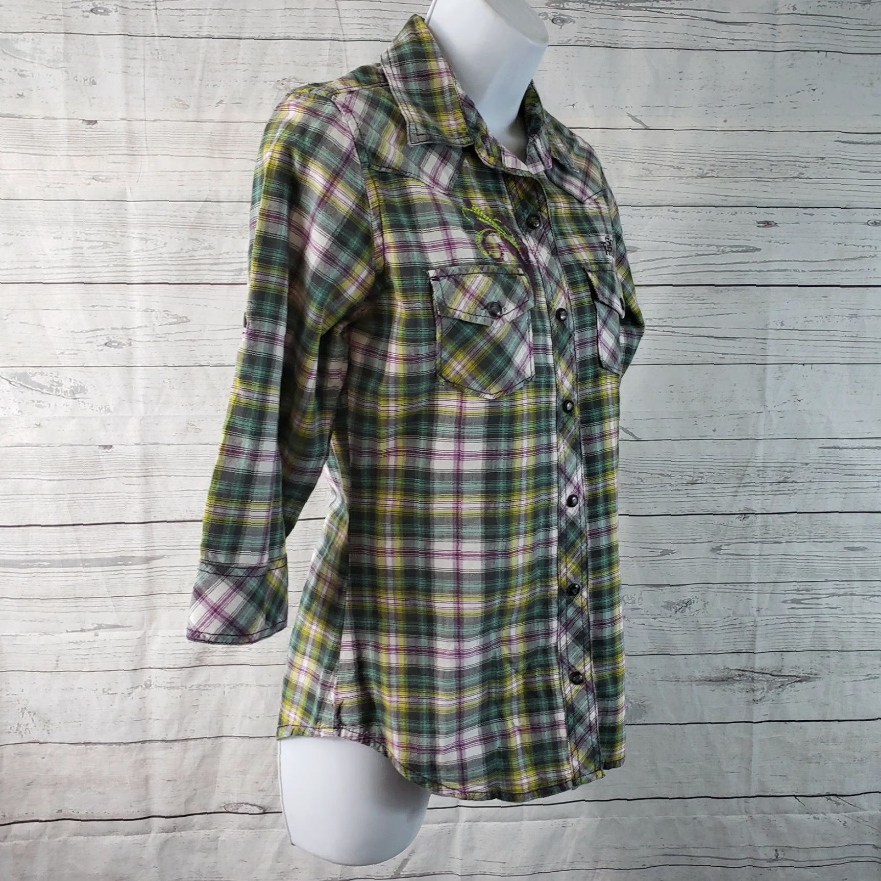Vintage Southern Thread Shirt Womens Pearl Snap Plaid Embroidered Size Small Green Purple 3/4 Sleeve Button-Up Collared Size S / US 4 / IT 40 - 4 Thumbnail