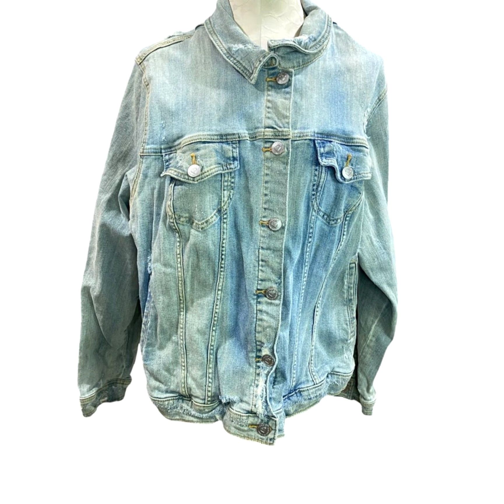 Torrid VINTAGE Torrid Jacket Jeans Distressed Light Wash Denim 4X Womens Plus Size Shirt? Size 40" / US 18 - 2 Thumbnail