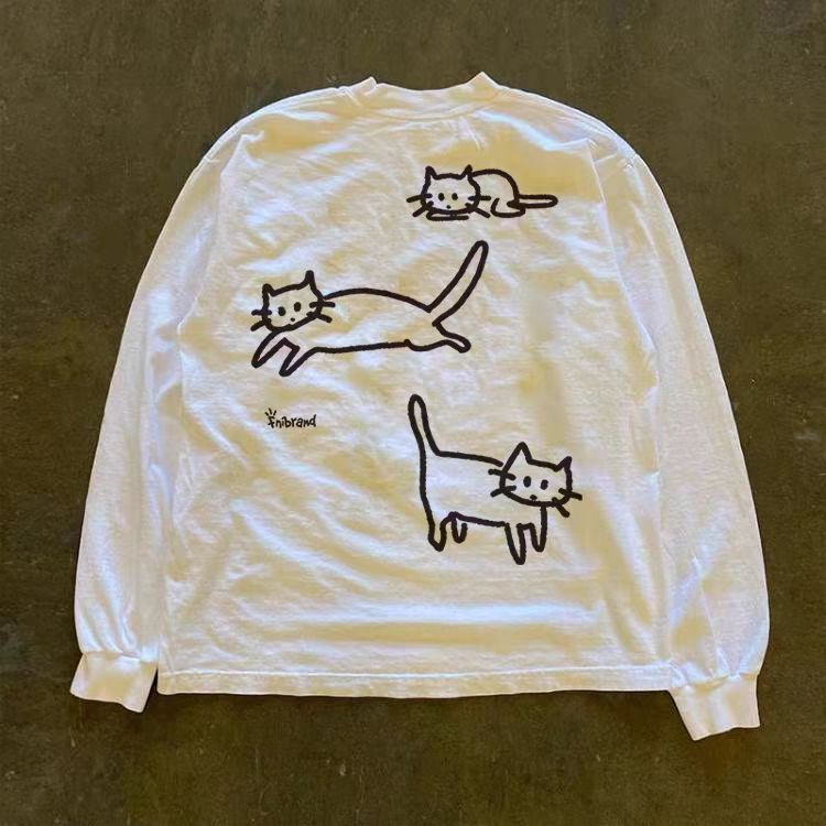 Japanese Brand White washed vintage cat print long-sleeved t-shirt Size US M / EU 48-50 / 2 - 1 Thumbnail