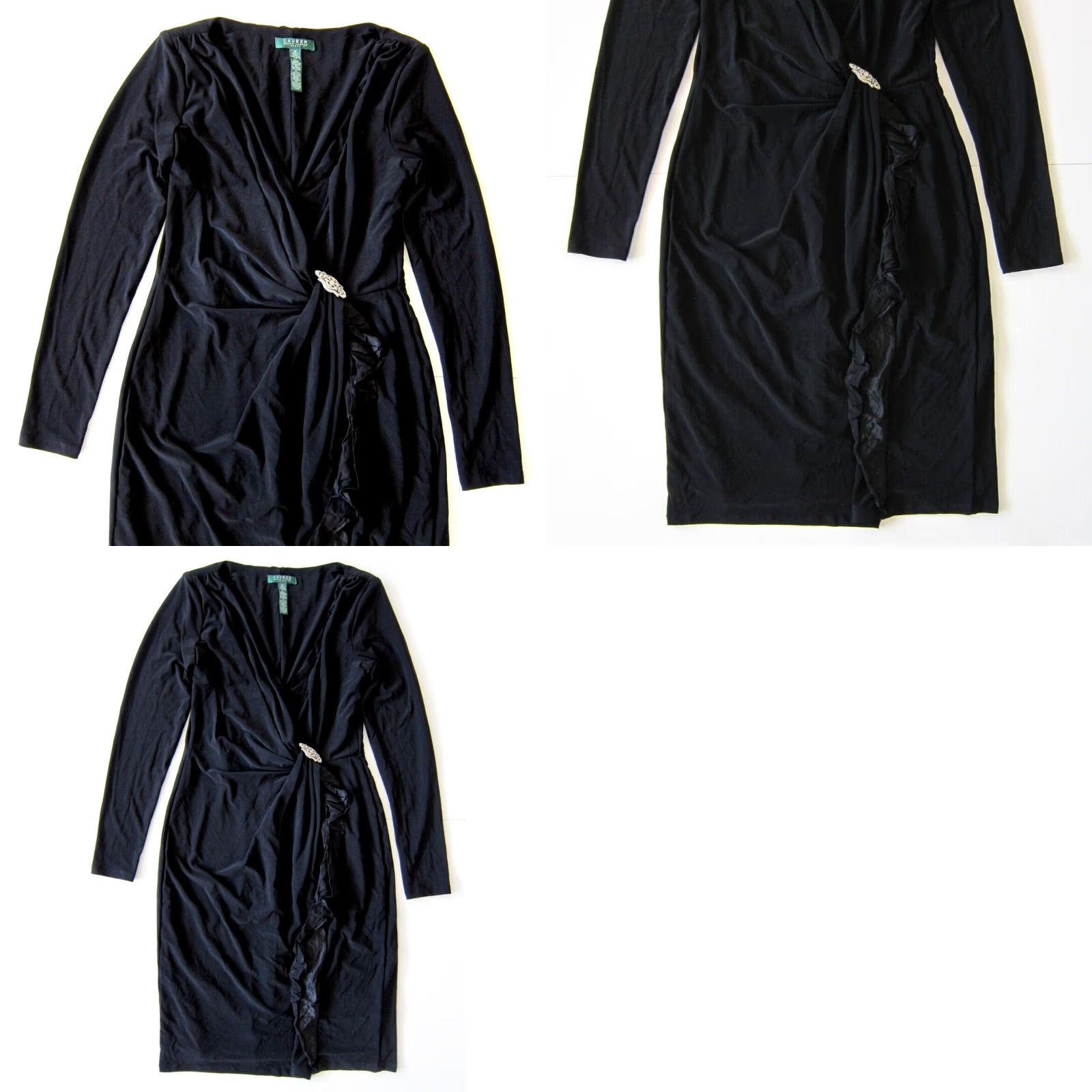 Ralph Lauren VINTAGE Ralph Lauren Black Diamond Stretch Long Sleeve Ruffle Ruched Wrap Dress 10 Women's Dress Black 90s Style Wrap Dress Womens Size L / US 10 / IT 46 - 8 Thumbnail