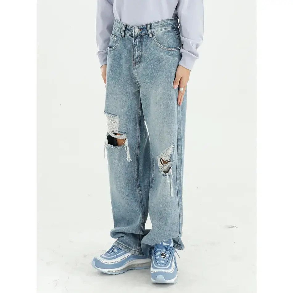 Japanese Brand Retro loose straight leg ripped jeans Size US 32 / EU 48 - 1 Thumbnail