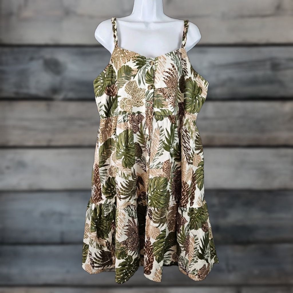 Vintage Beach Lunch Lounge Dress Womens XL Green Brown Leaf Animal Print Cotton Linen Sundress Sleeveless Pullover Knee Length Spring Summer Casual Womens Size XL / US 12-14 / IT 48-50 - 1 Thumbnail