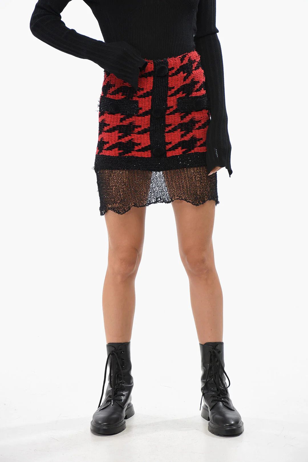 Balmain og1mm0326 Houndstooth Fabric Mini Skirt in Red Size 38" / US 16 / IT 52 - 1 Thumbnail