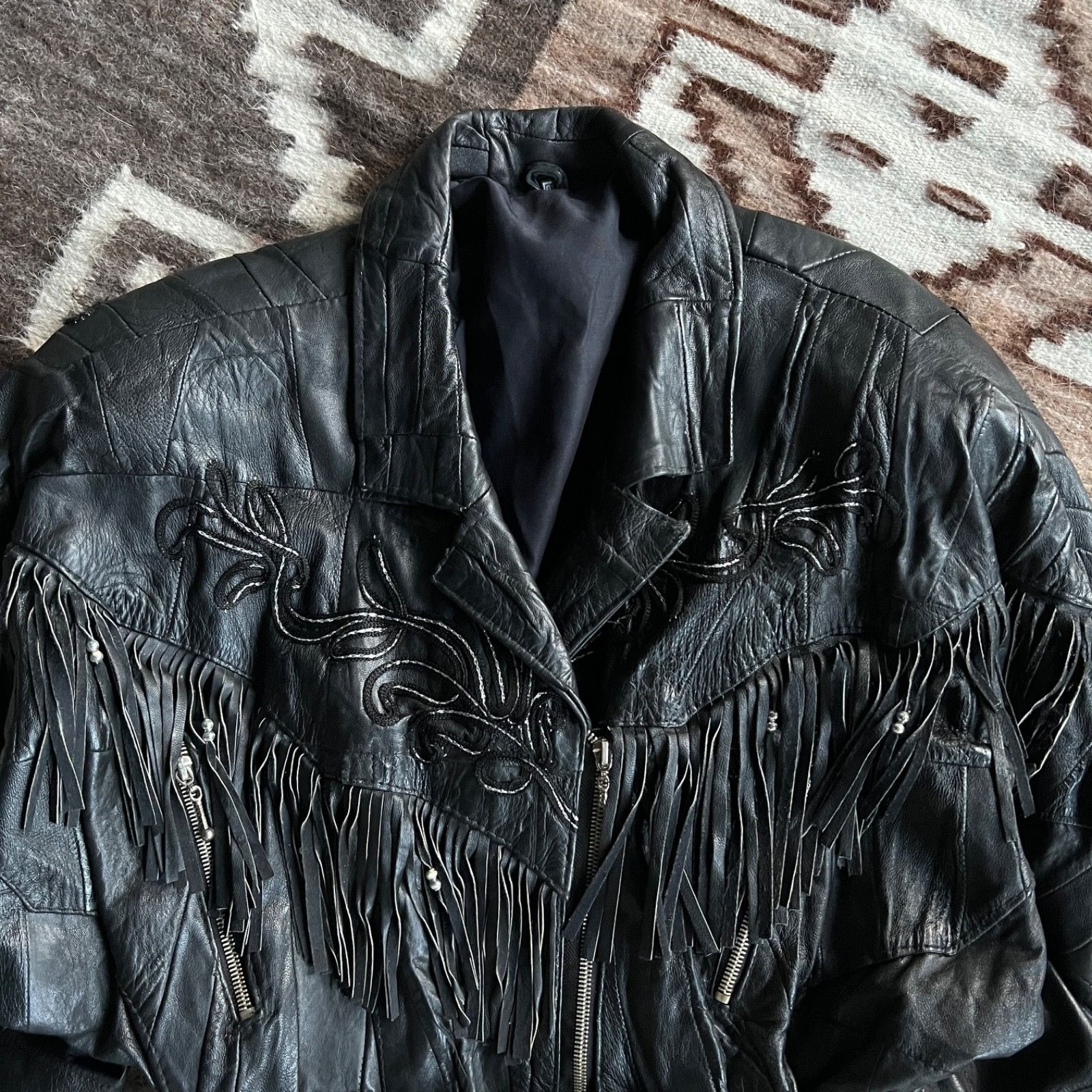 Leather Vintage Leather Fringe Western Biker Patchwork Jacket 9723AC Size S / US 4 / IT 40 - 8 Thumbnail