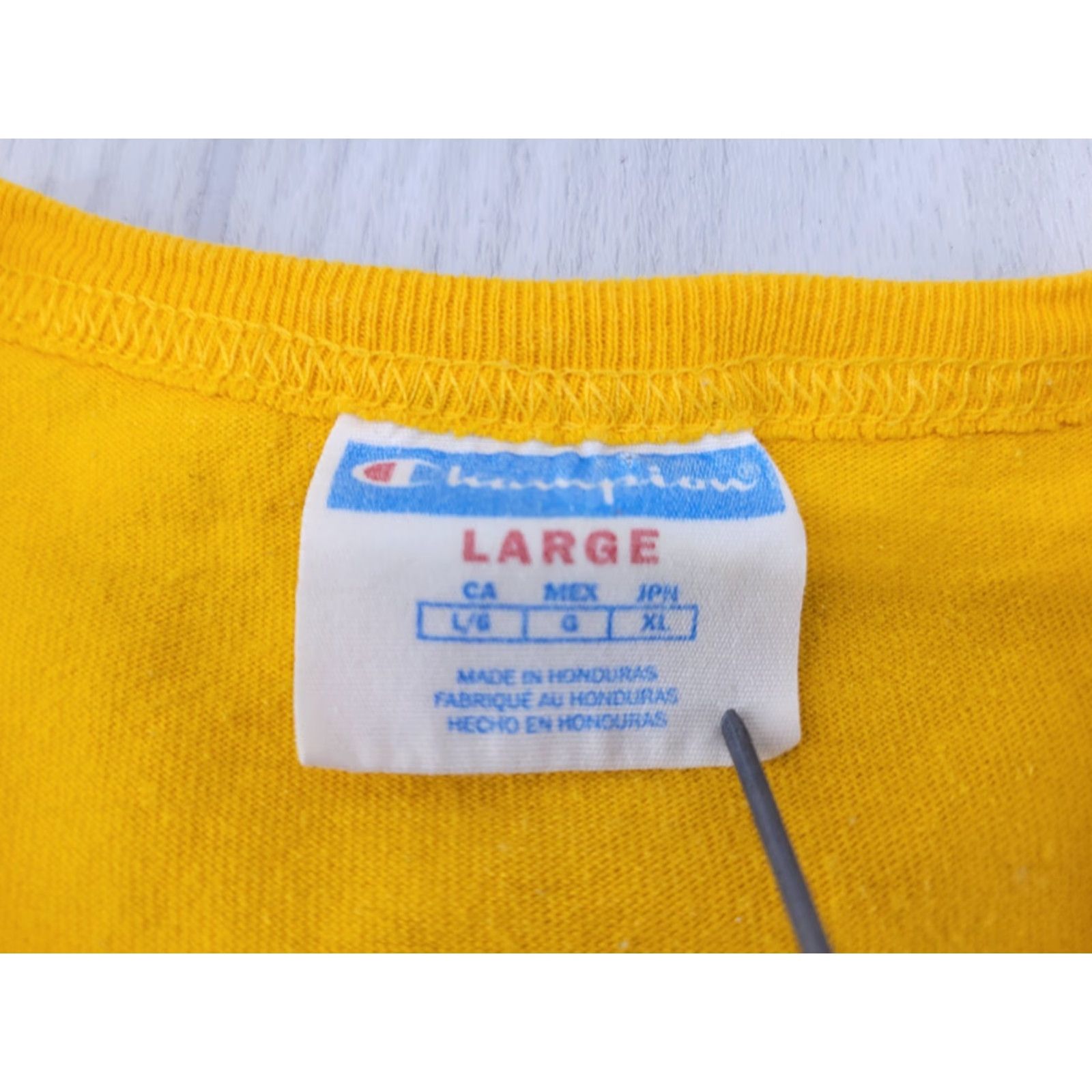 Champion VINTAGE Champion Shirt Mens L Yellow Spell Out Felt Script Blue Tag 90s Shirt Men 90s Size US L / EU 52-54 / 3 - 7 Thumbnail