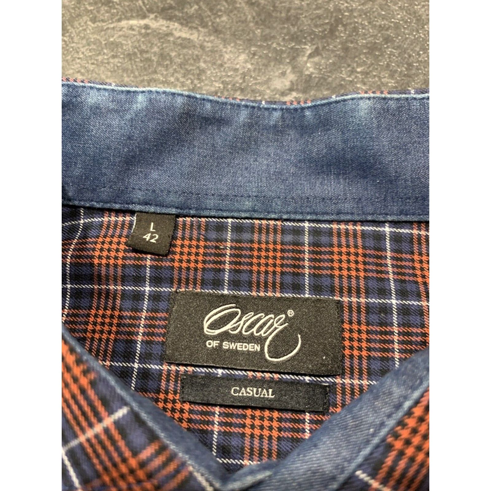 Vintage Oscar of Sweden Mens Dress Shirt Large Blue Red Plaid Casual Woven Cotton Button Collar Formal Wedding Size US L / EU 52-54 / 3 - 7 Thumbnail