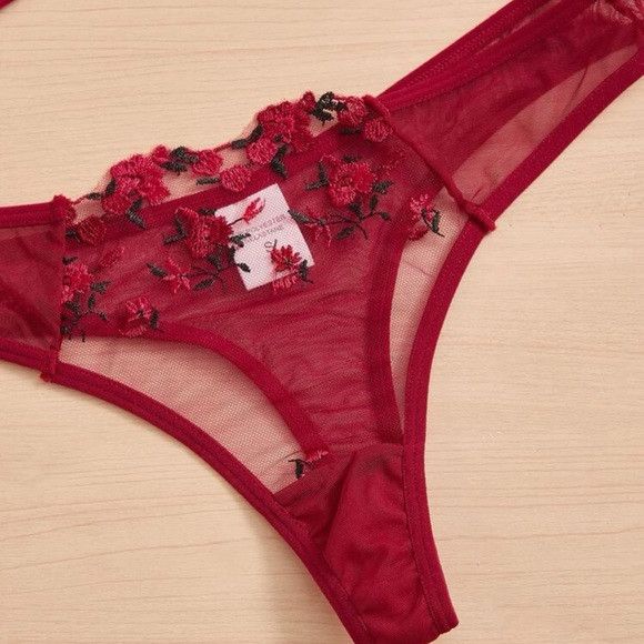 The Unbranded Brand Floral Embroidery Mesh Underwire Lingerie Set