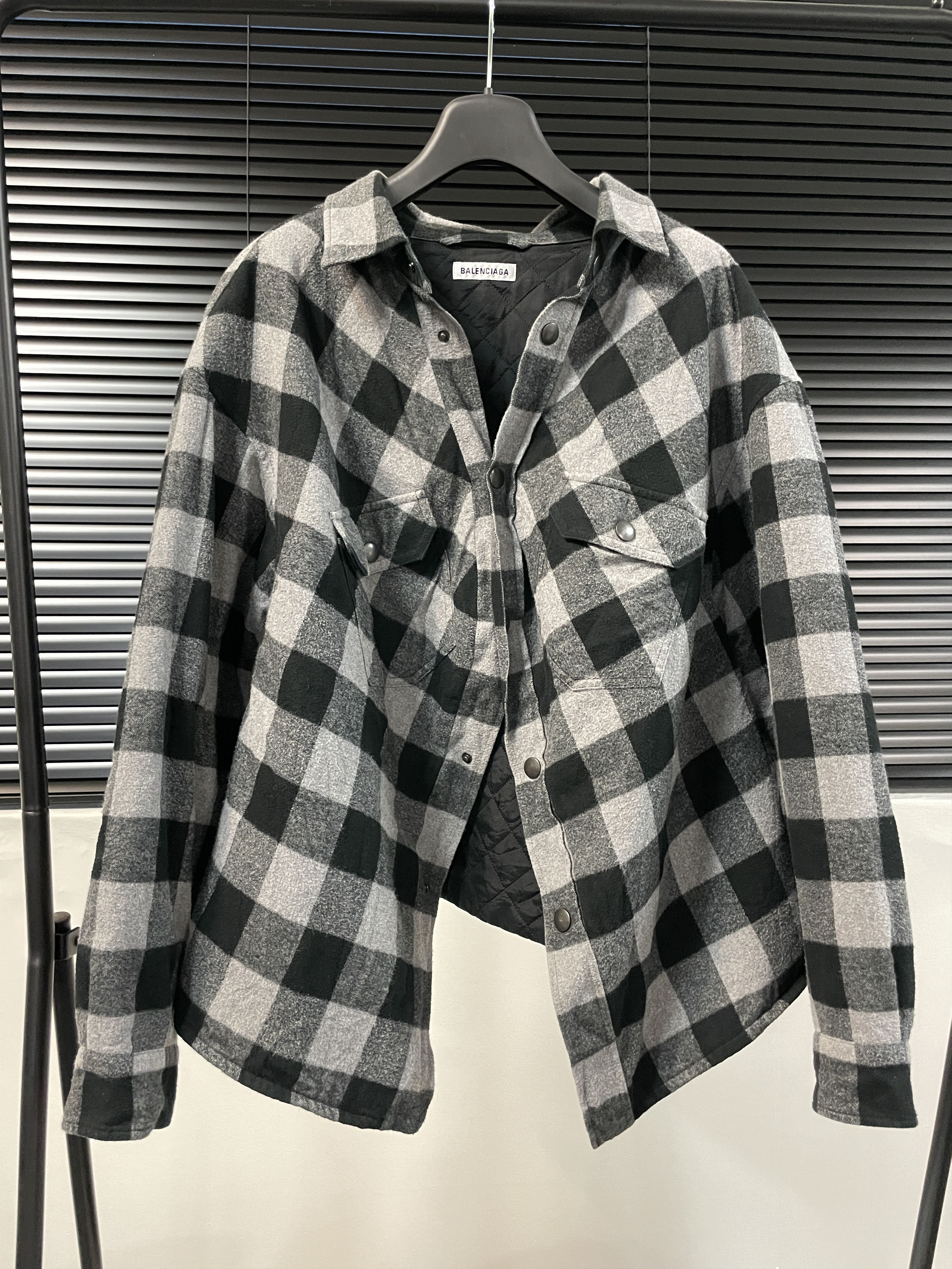 image of Balenciaga Swing Flannel Shirt Jacket in Black/Gray, Women's (Size XL)