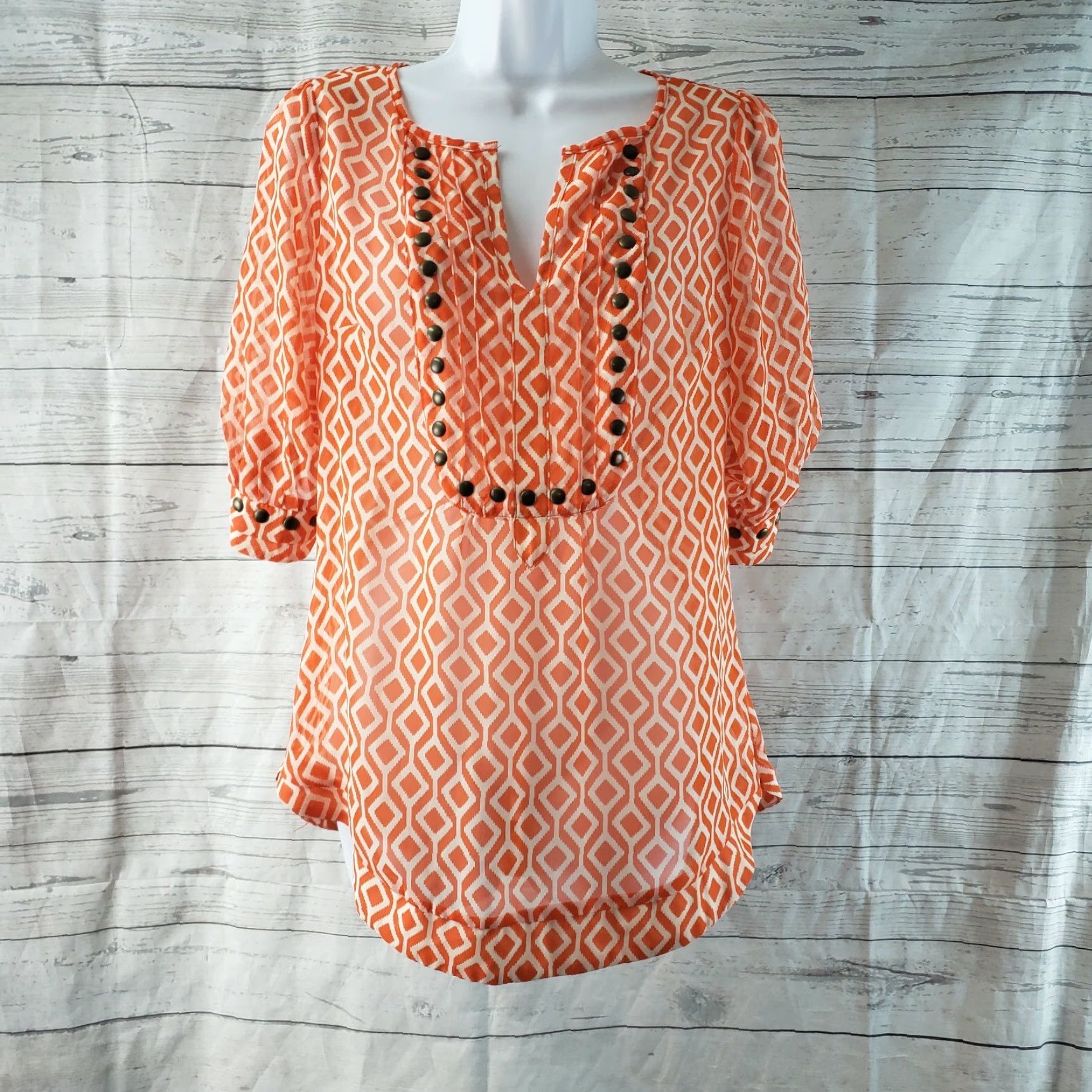 Vintage 41Hawthorn Womens Blouse Shirt Sz S Orange 3/4 Sleeve Sheer Studded Vintage: No Size S / US 4 / IT 40 - 2 Thumbnail