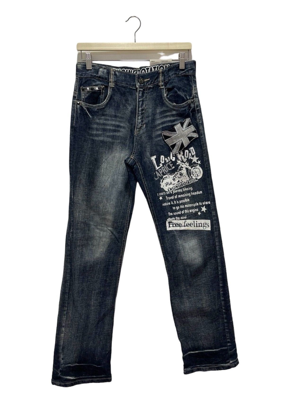 Japanese Brand × Vintage VINTAGE ENGINE ROTATION POEM MOTORCYCLE DISTRESSED JEANS Size US 30 / EU 46 - 1 Thumbnail