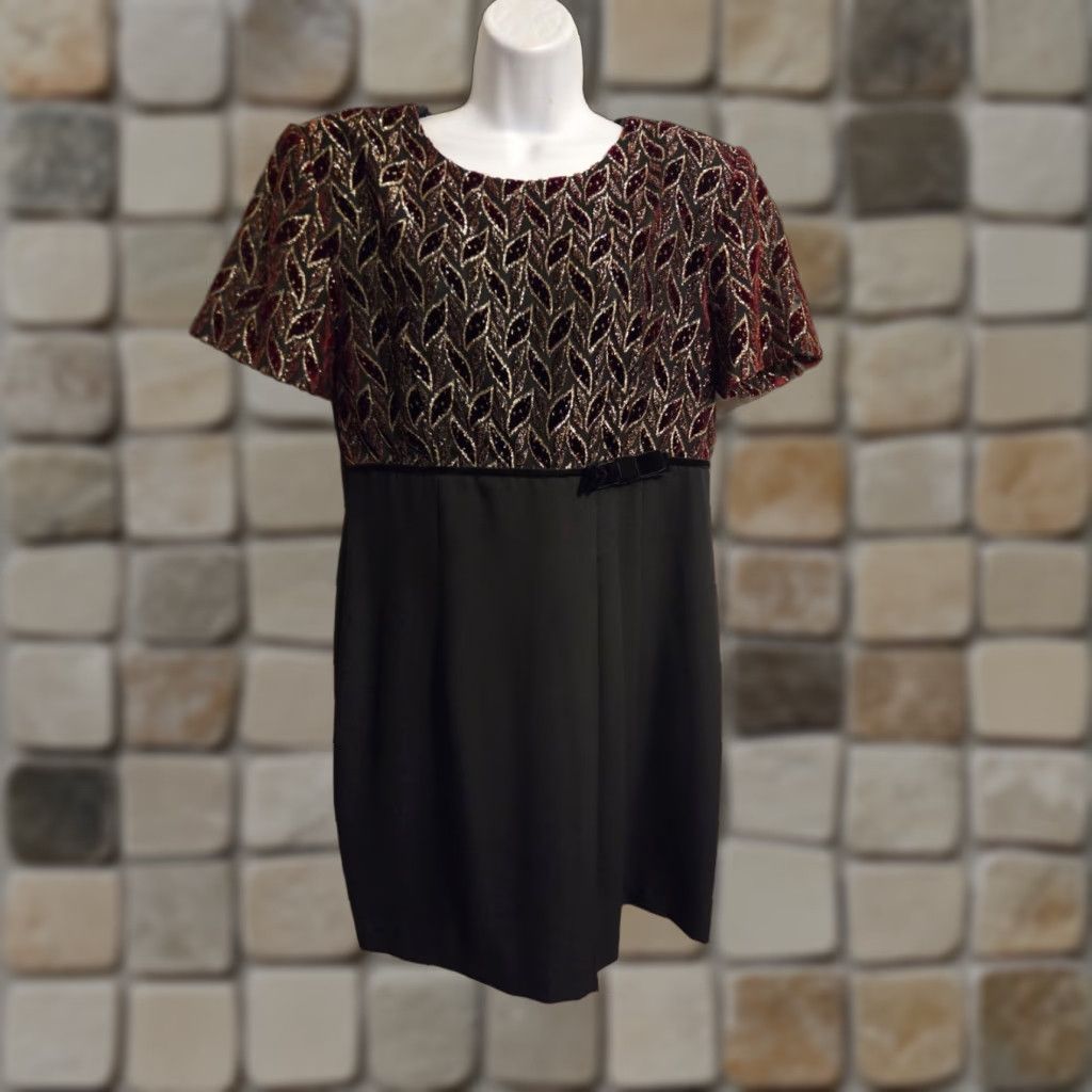 Velvet VINTAGE John Roberts Black Velvet Leaf Empire Waist Dress 14P 90s Petite Cocktail Womens Size XL / US 12-14 / IT 48-50 - 1 Thumbnail