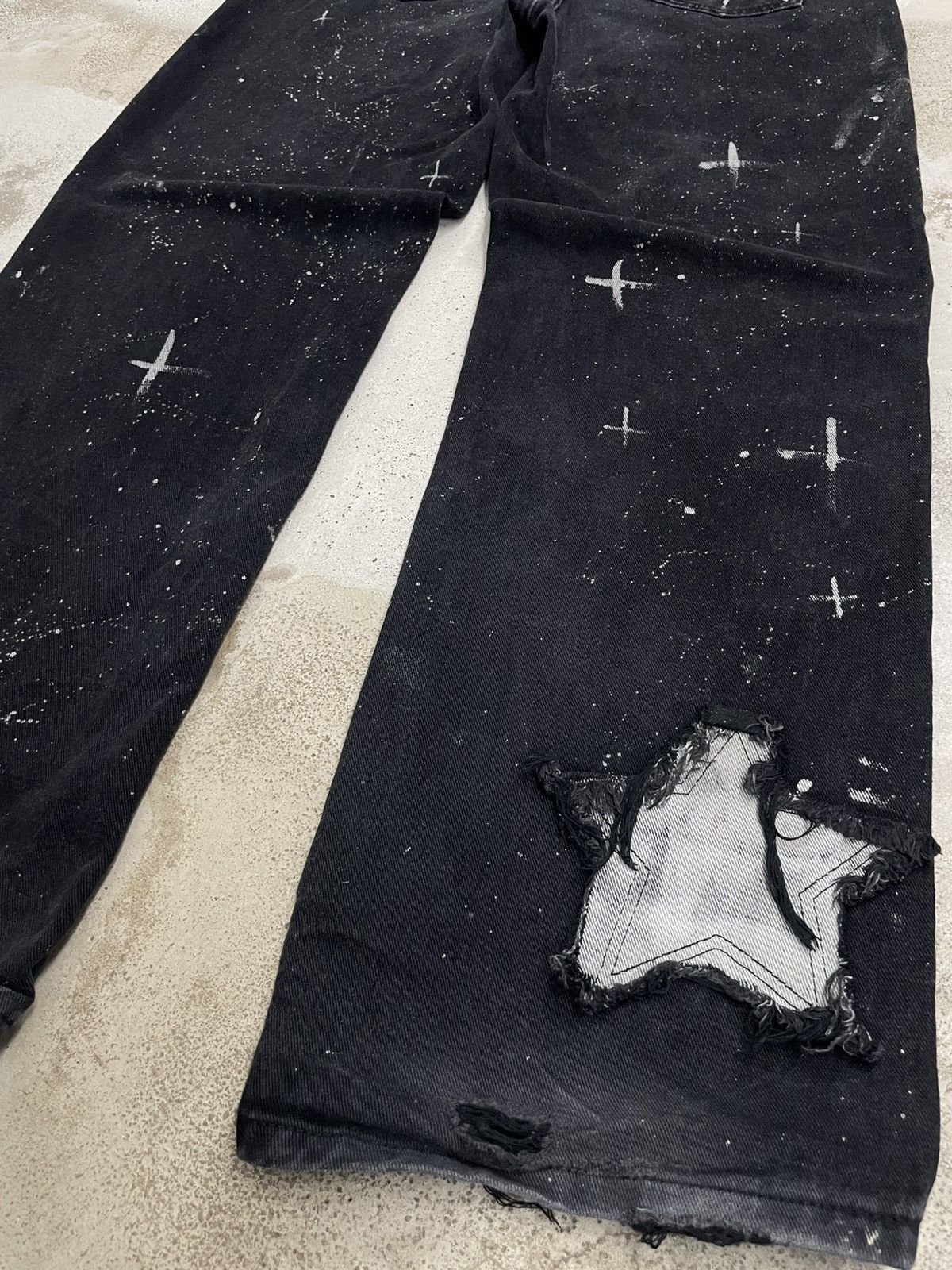 Japanese Brand Wide Distressed Denim Y2K Star Moon Painting Custom Paint Size US 31 - 18 Thumbnail