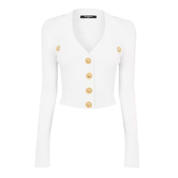 Balmain o1g2r1mq0924 Crop Button Cardigan in Blanc Size L / US 10 / IT 46 - 1 Thumbnail