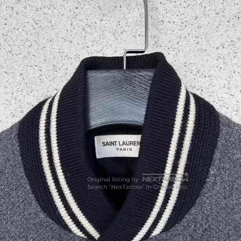 Saint Laurent Paris Saint Laurent Paris Grey Wool Mixed Leather Baseball Jacke Size US S / EU 44-46 / 1 - 2 Thumbnail