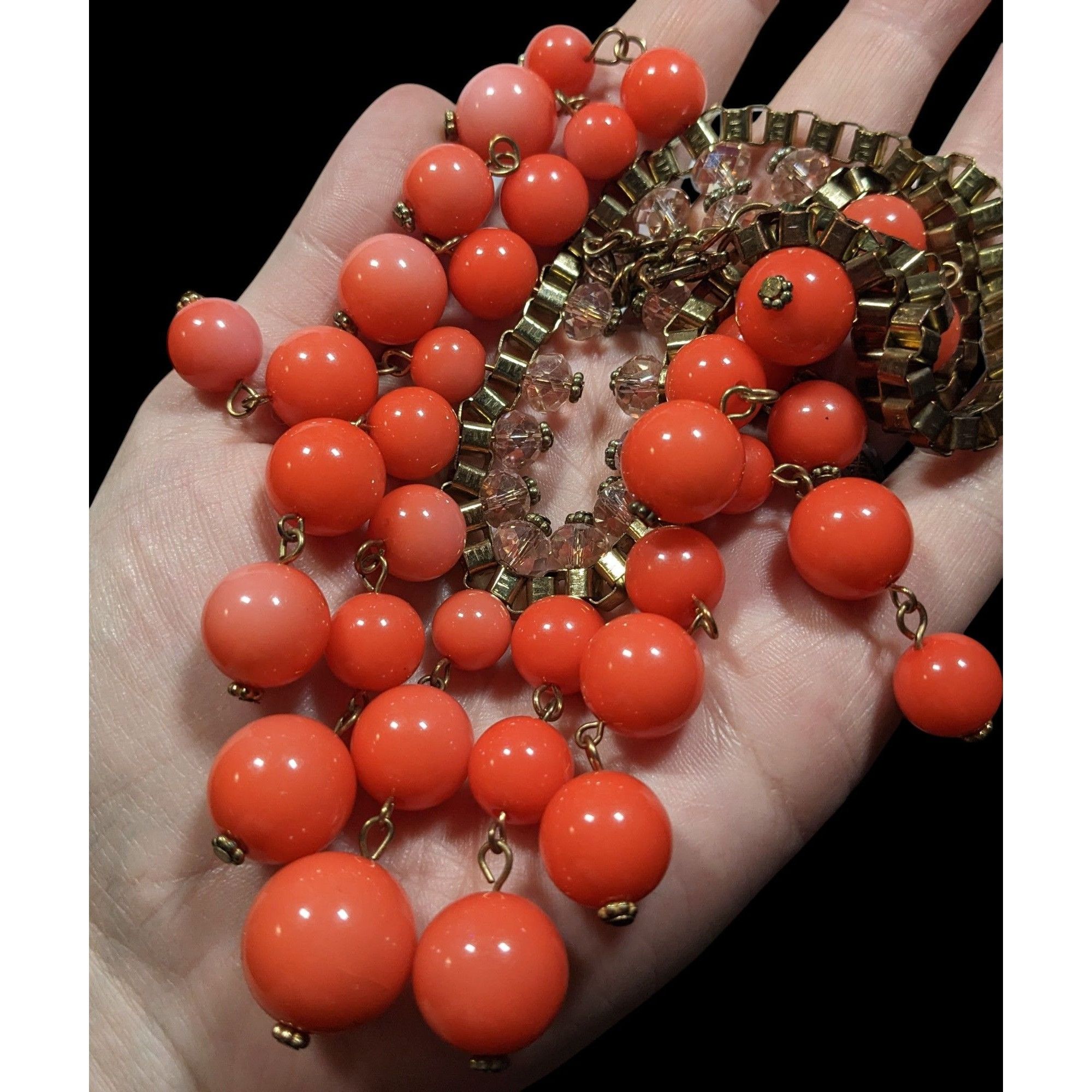 Other Vintage Salmon Beaded Fringe Necklace On Gold Tone Box Chain Size ONE SIZE - 4 Thumbnail