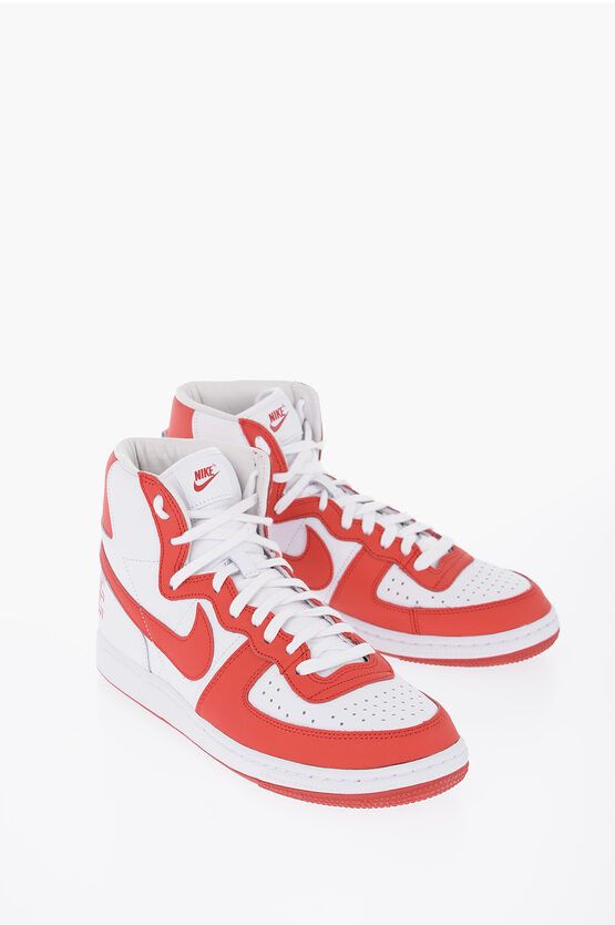 image of Nike Comme Des Garcons Homme Plus Two-Tone Leather Terminator Hig Shoes in Bianco/Rosso (Size 9)