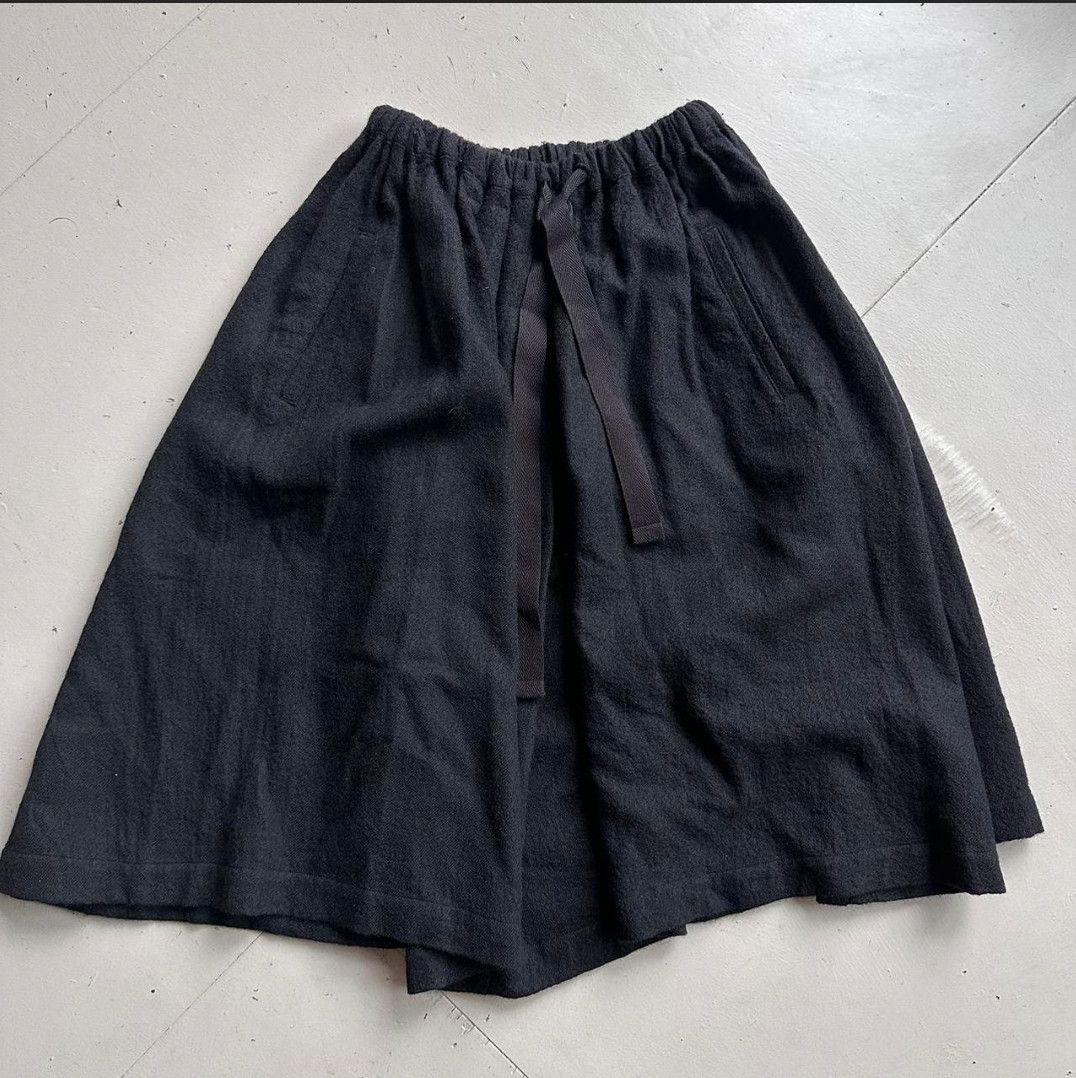 image of Yohji Yamamoto x YS Yamamoto Gathered Wool Midi Skirt • Pockets + Adjustable Waist in Black, Women'
