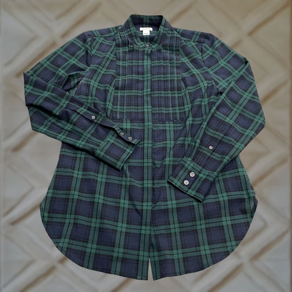 J.Crew J.CREW Shirt Womens 2XS Drapey Tuxedo Pleated Women XXS Blue Green Plaid Long Sleeve Cotton Size XXS / US 00 / IT 34 - 1 Thumbnail