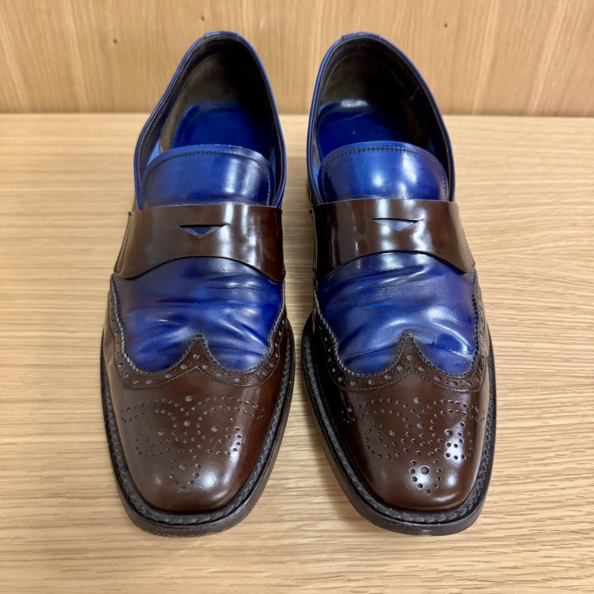 Prada Two-Tone Blue & Brown Wingtip Penny Loafers Mens UK 10